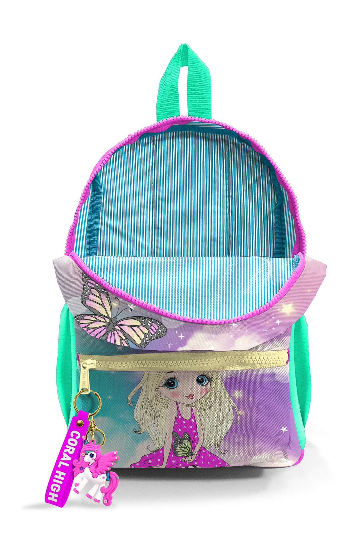 Minik Yuva Sırt Çantası Pembe Su Yeşili Unicornlu Kız Desenli İki Bölmeli 23533