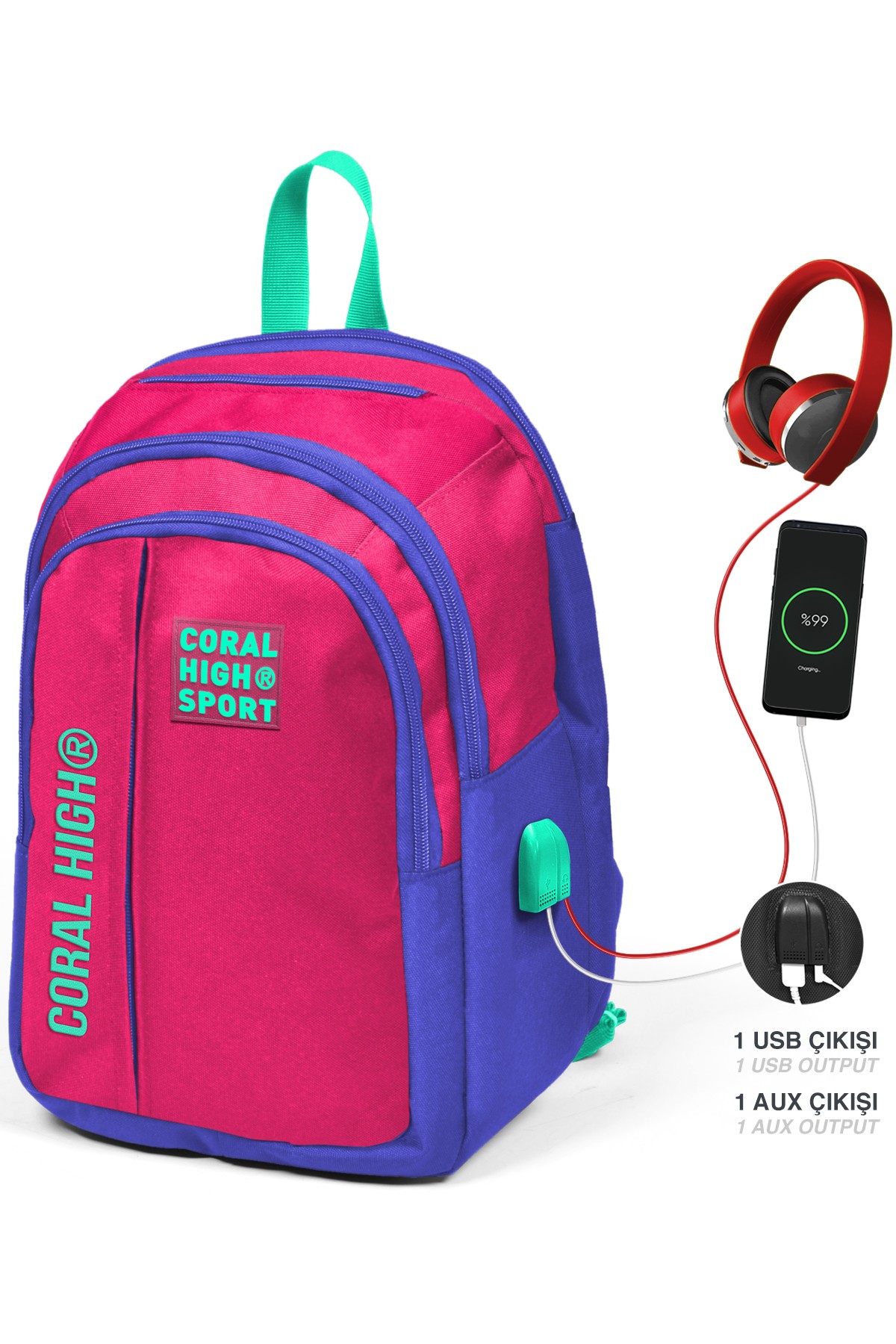 Coral High Sport Neon Mercan Lavanta Beş Bölmeli USB Şarjlı Kulaklık Çıkışlı Sırt Çantası 23244