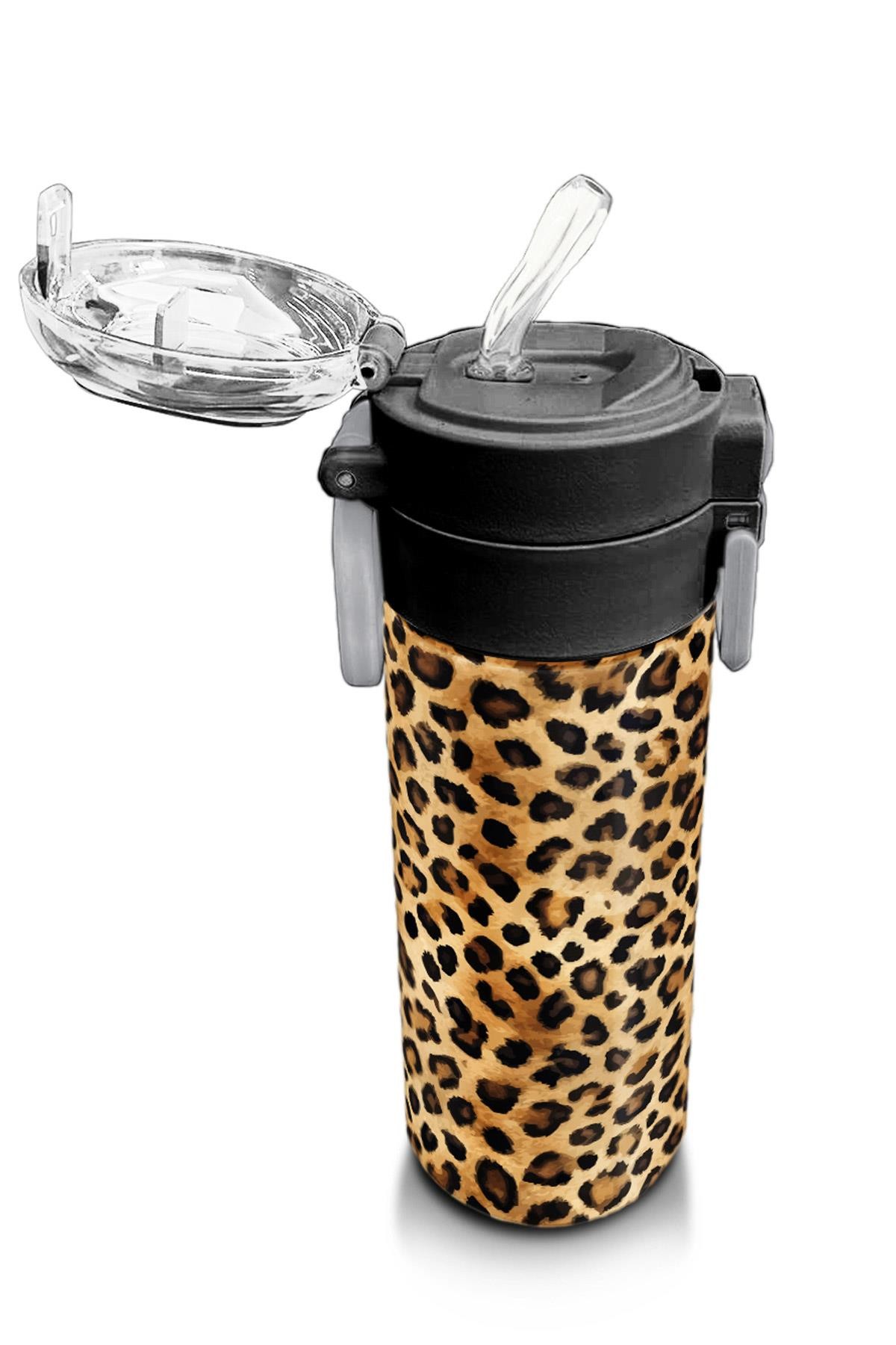 Coral High Kids Kahverengi Leopar Desenli Pipetli ve Direkt İçim Çelik Termos 500 ml 31881