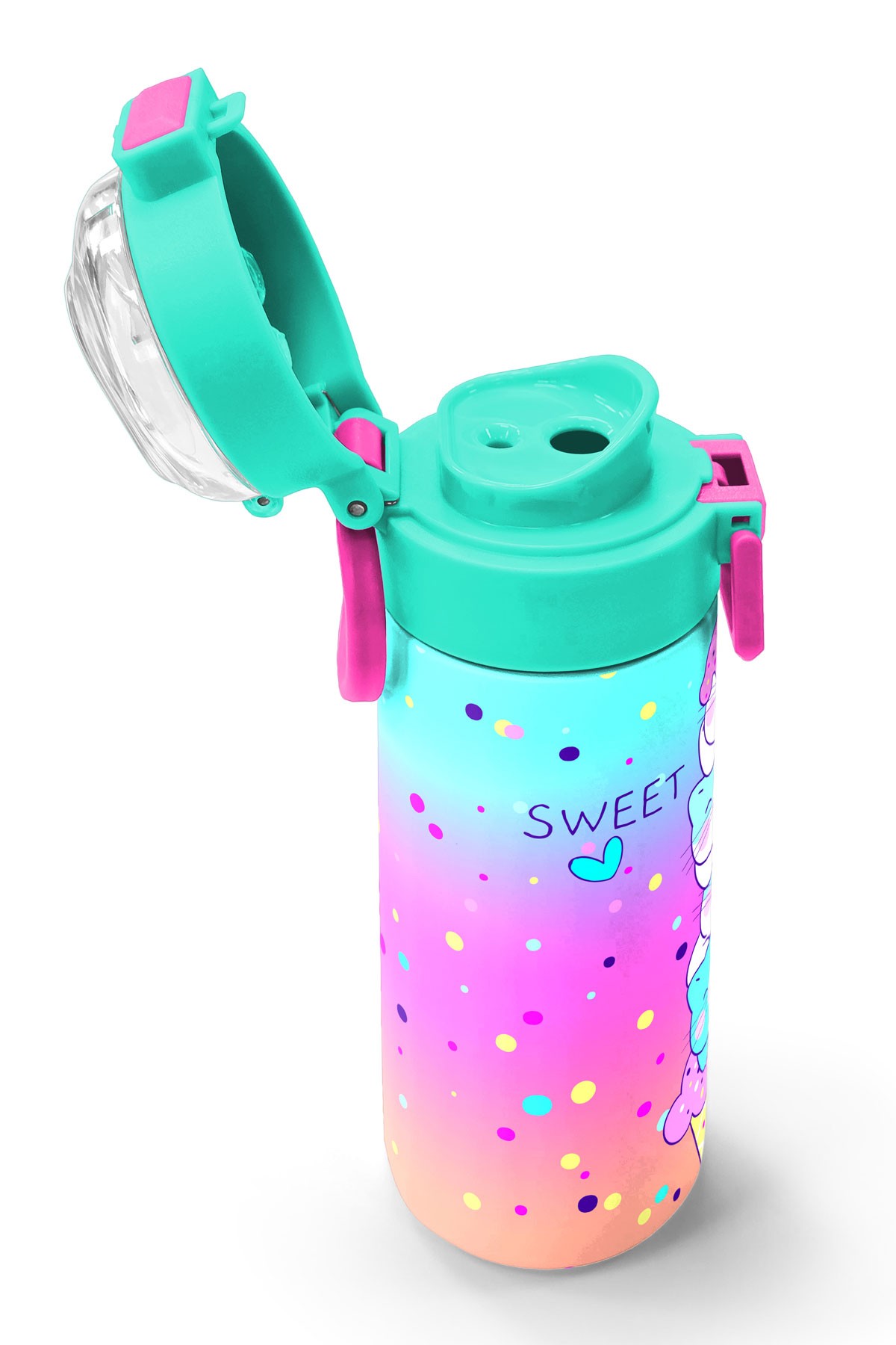 Coral High Kids Renkli Dondurmalı Kedi Desenli Pipetli ve Direkt İçim Çelik Termos 500 ml 31812