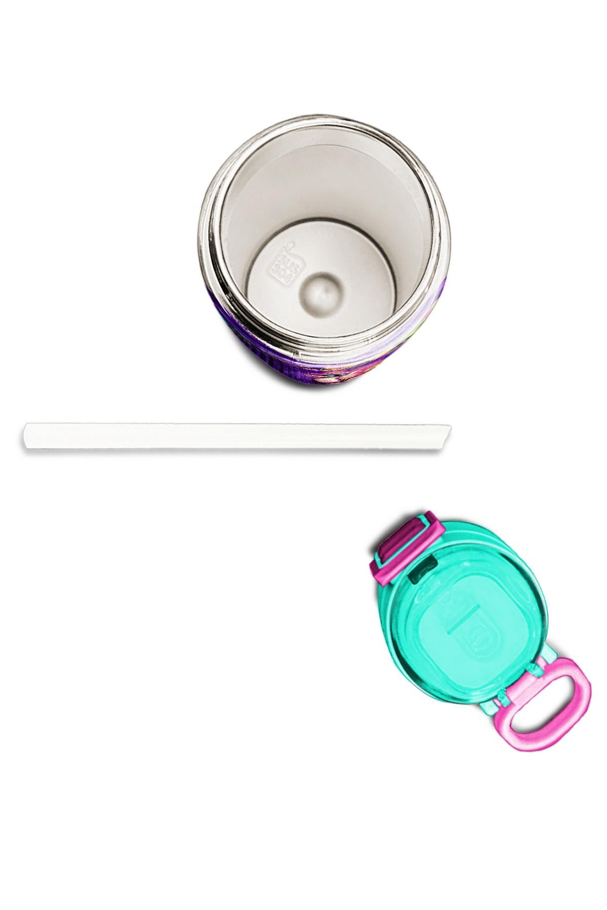 Coral High Kids Mor Pembe Kedi Desenli Pipetli ve Direkt İçim Çelik Termos 500 ml 31939
