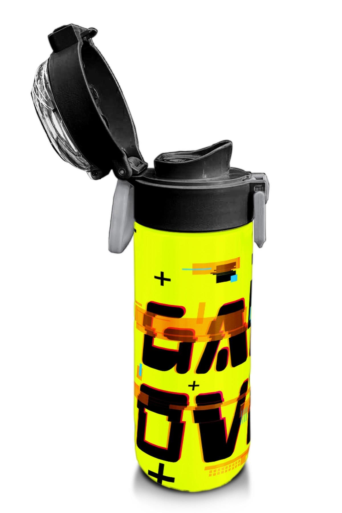 Coral High Kids Siyah Neon Sarı Game Over Desenli Pipetli ve Direkt İçim Çelik Termos 500 ml 31936