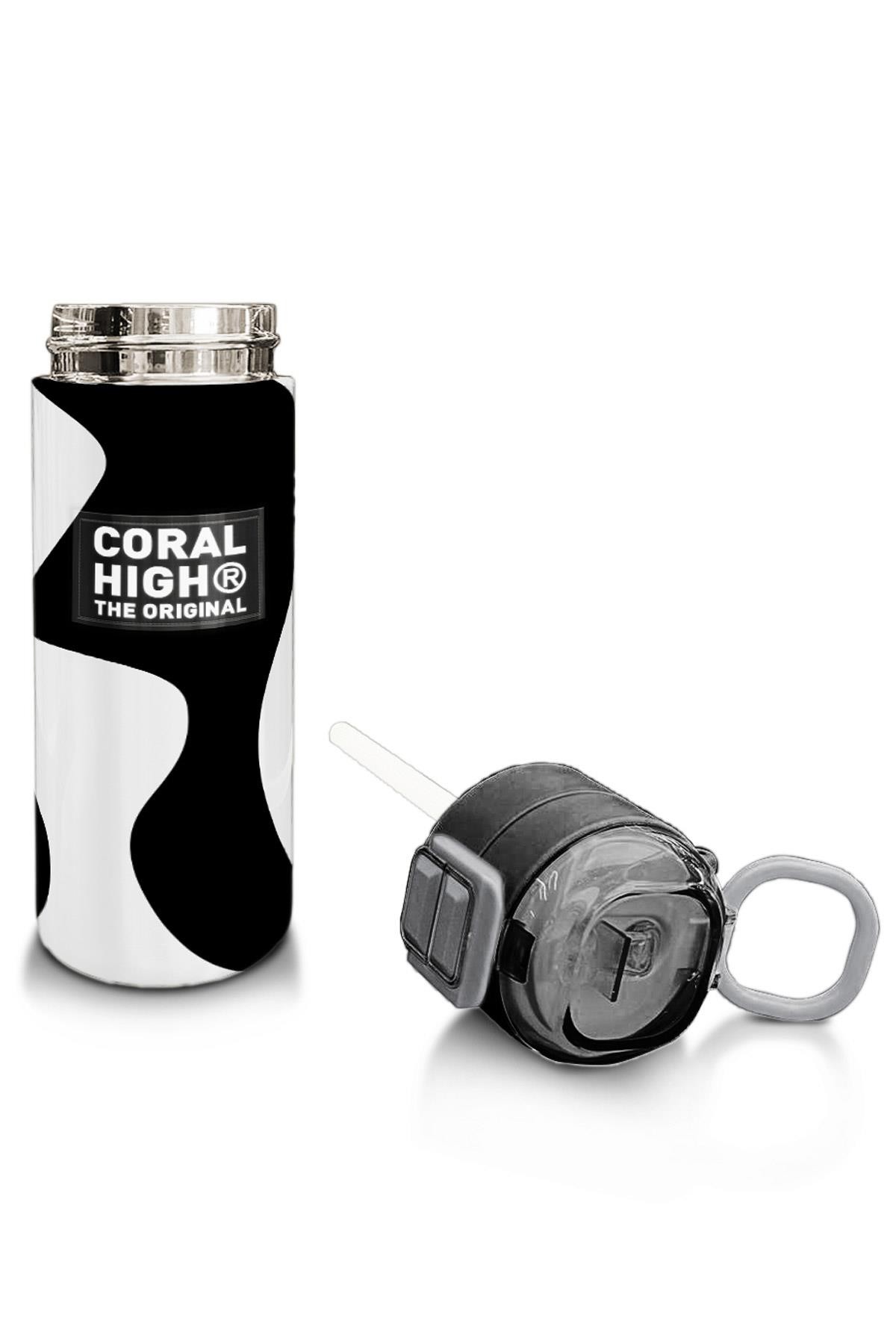 Coral High Kids Siyah Beyaz Desenli Pipetli ve Direkt İçim Çelik Termos 500 ml 31887