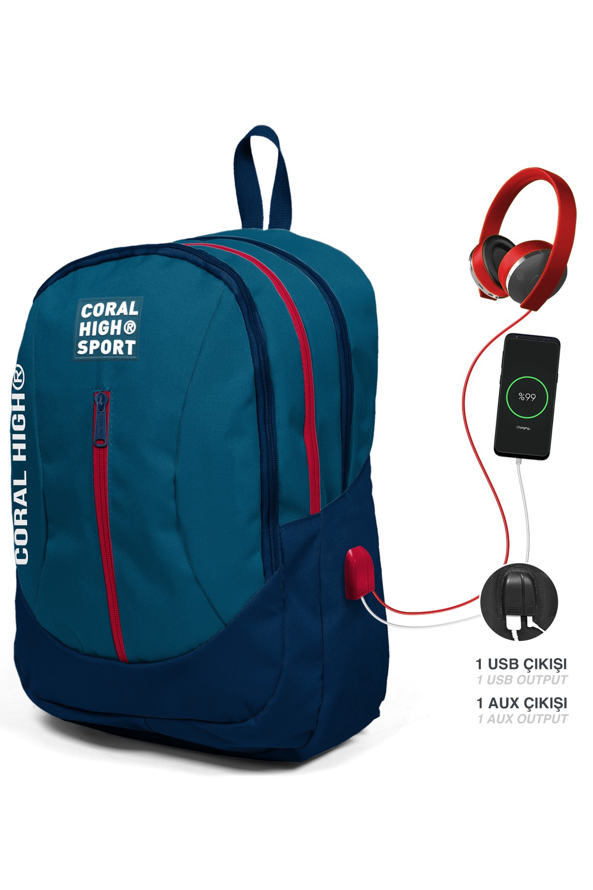 Coral High Sport Civit Lacivert Dört Bölmeli USB Şarjlı Kulaklık Çıkışlı Sırt Çantası 23448