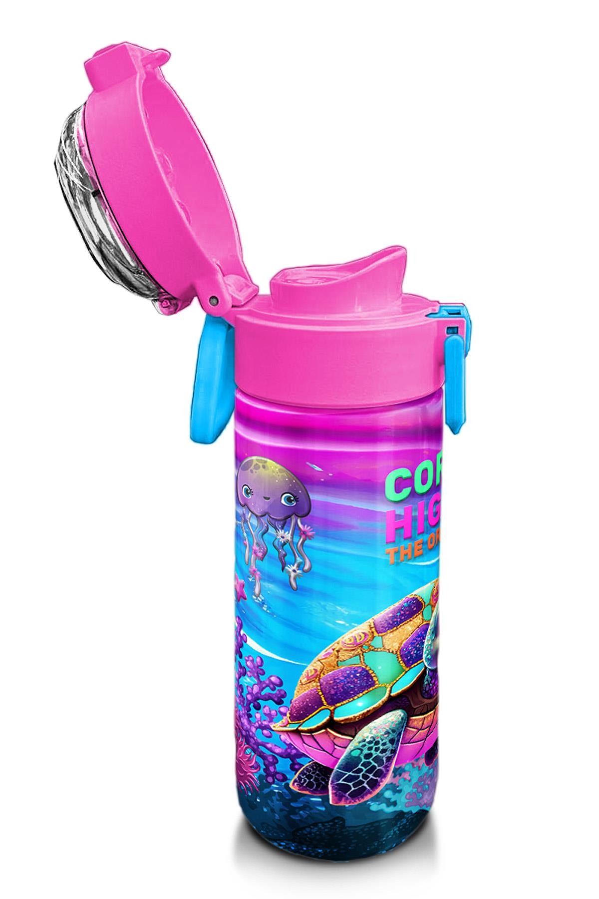 Coral High Kids Pembe Mor Kaplumbağa Desenli Pipetli ve Direkt İçim Çelik Termos 500 ml 31957