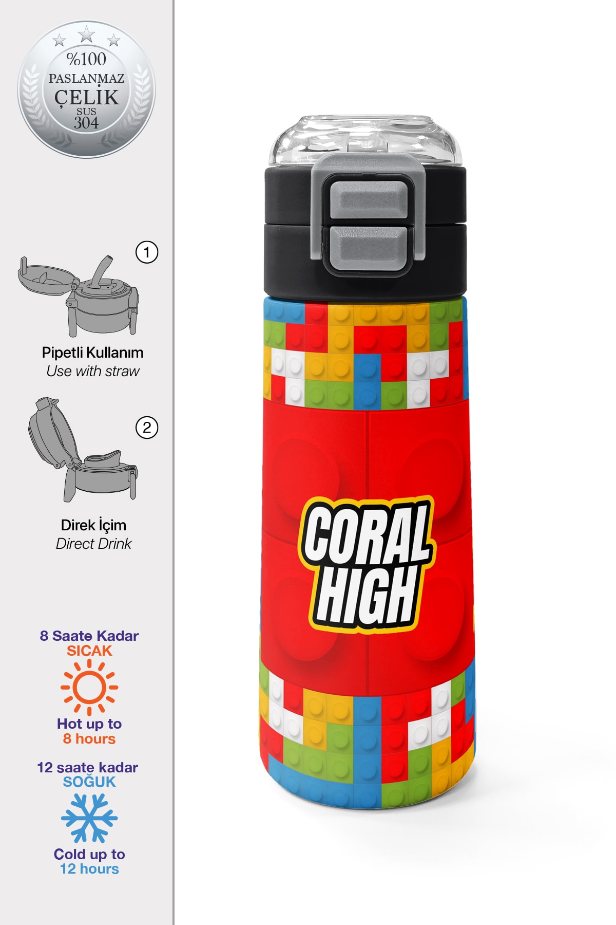 Coral High Kids Blok Desenli Pipetli ve Direkt İçim Çelik Termos 500 ml 31991