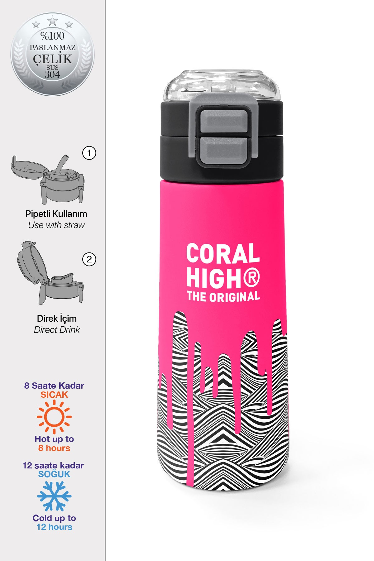 Coral High Kids Pembe Siyah Beyaz Desenli Pipetli ve Direkt İçim Çelik Termos 500 ml 31878