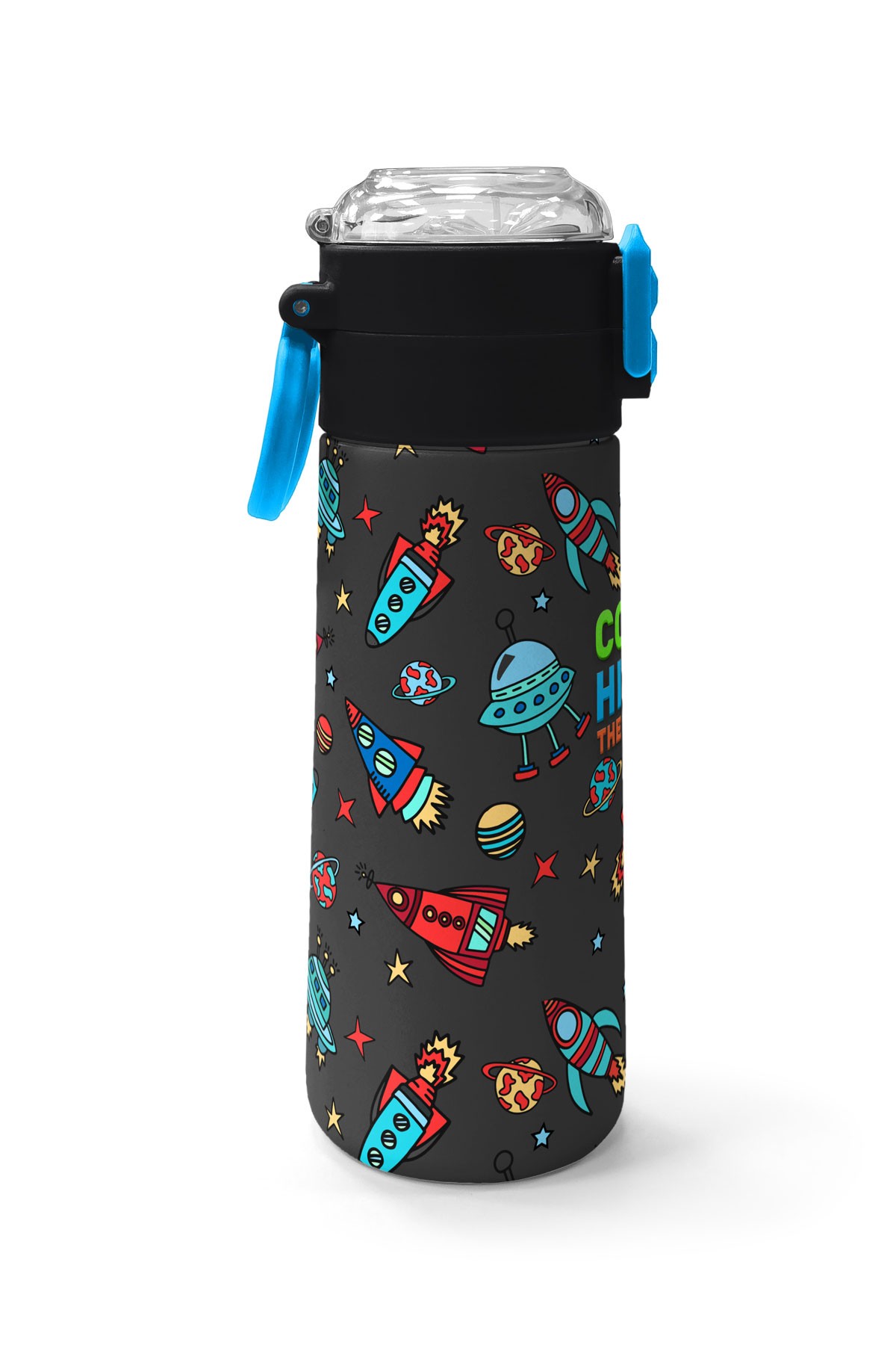 Coral High Kids Koyu Gri Kırmızı Uzay Desenli Pipetli ve Direkt İçim Çelik Termos 500 ml 31916