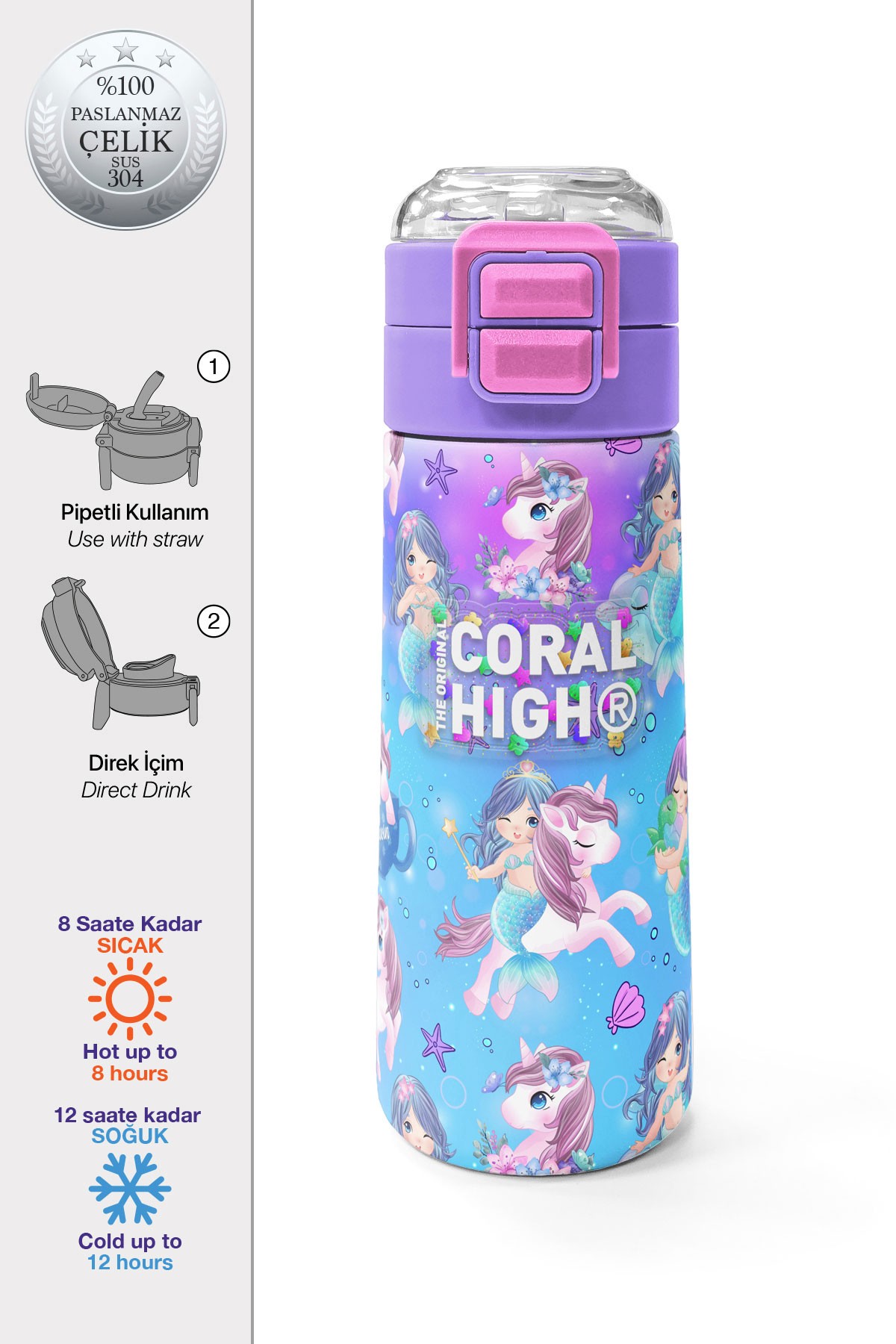 Coral High Kids Mor Pembe Unicorn Deniz Kızı Desenli Pipetli ve Direkt İçim Çelik Termos 500 ml 31982