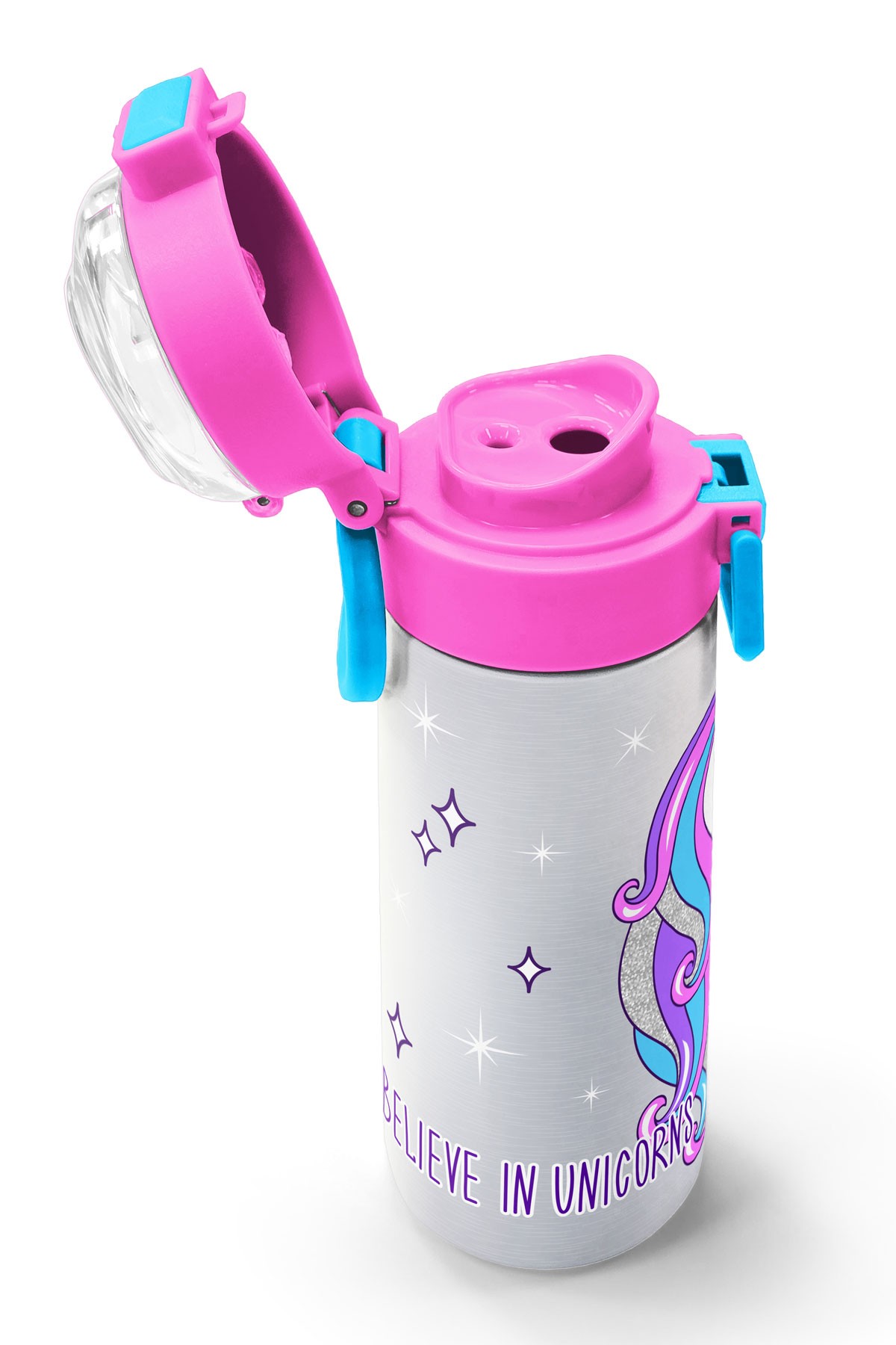 Coral High Kids Pembe Gümüş Unicorn Desenli Pipetli ve Direkt İçim Çelik Termos 500 ml 31821