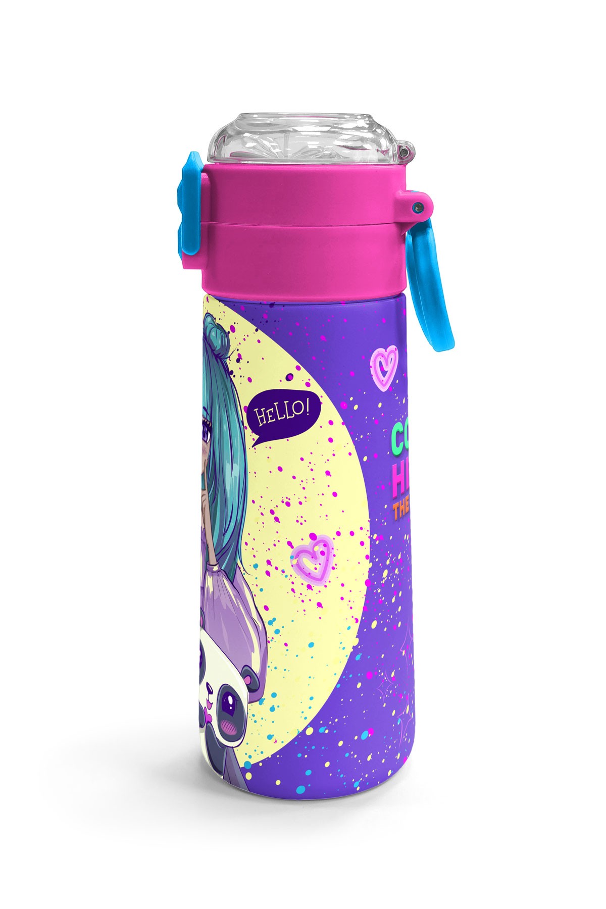Coral High Kids Mor Pembe Anime Kız Desenli Pipetli ve Direkt İçim Çelik Termos 500 ml 31942
