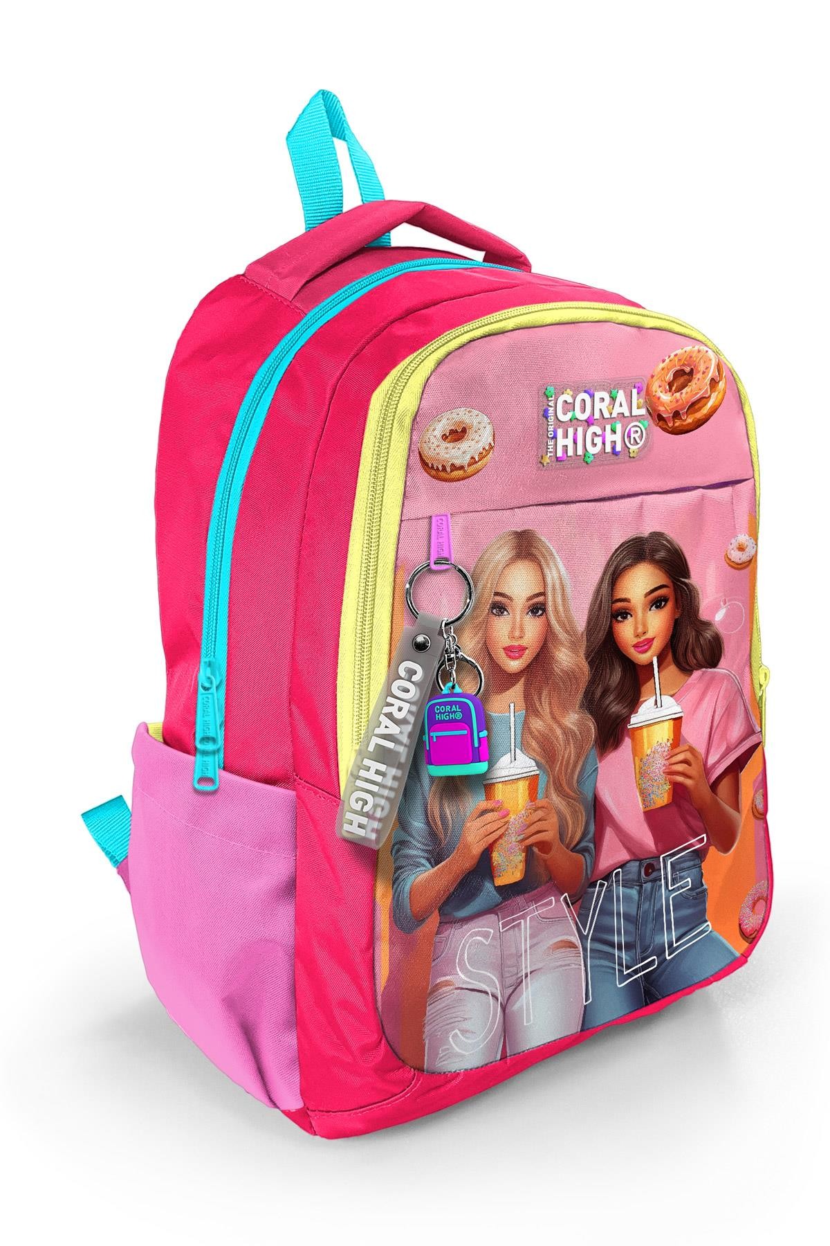 Coral High Kids Pembe Neon Mercan Fashion Girl Desenli Üç Bölmeli Okul Sırt Çantası 23669