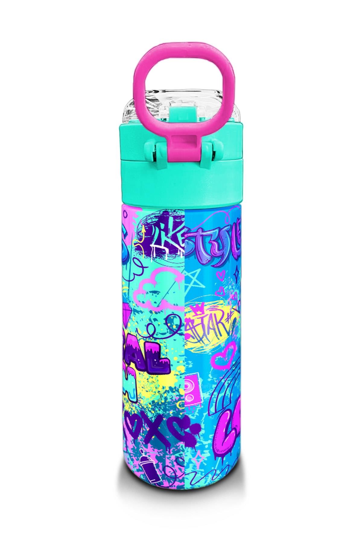 Coral High Kids Lavanta Su Yeşili Grafiti Desenli Pipetli ve Direkt İçim Çelik Termos 500 ml 31971