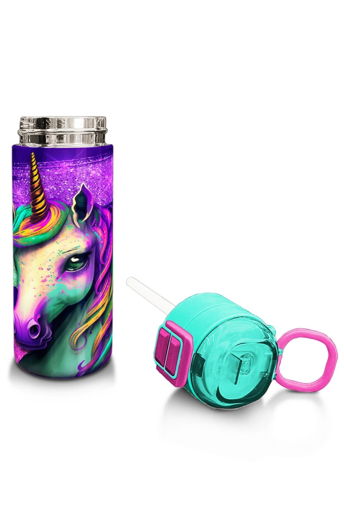 Coral High Kids Pembe Su Yeşili Unicorn Desenli Pipetli ve Direkt İçim Çelik Termos 500 ml 31959