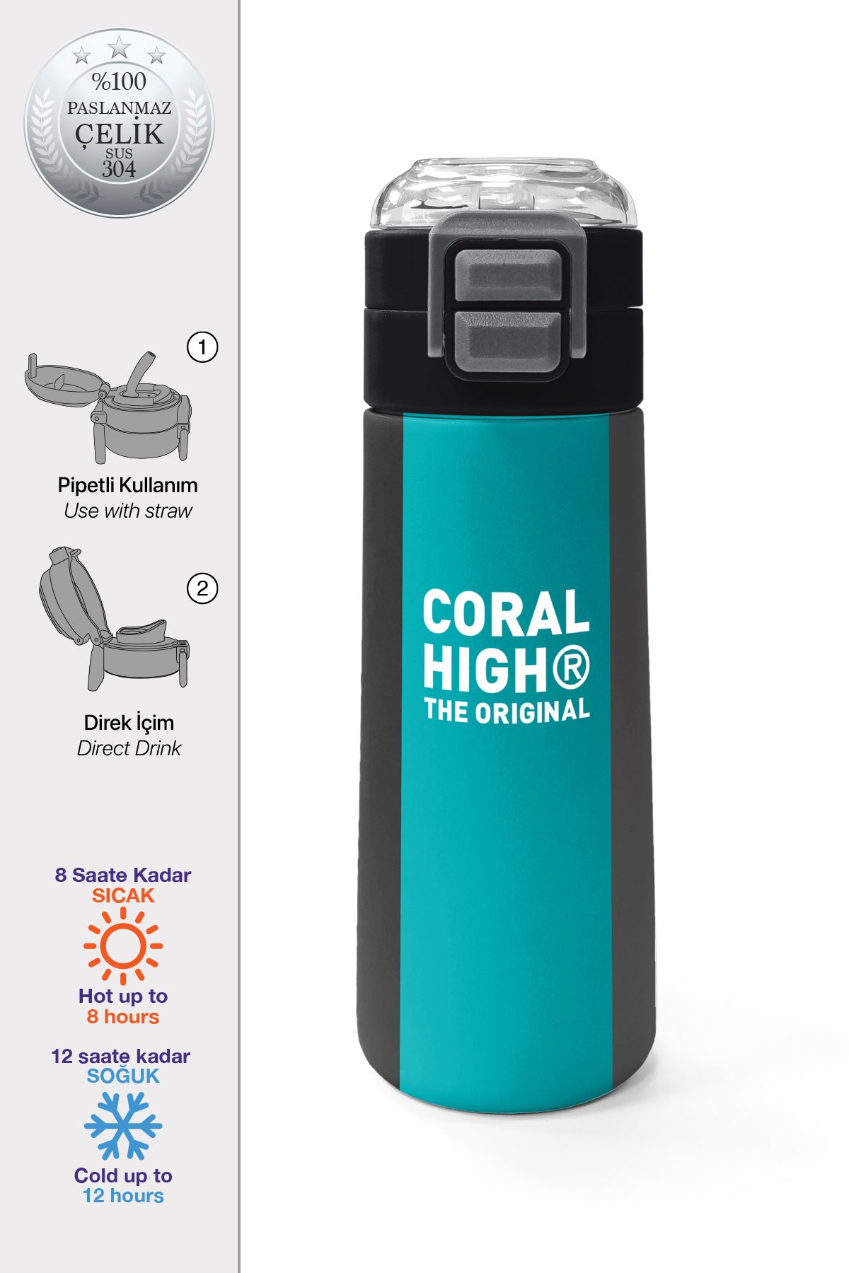 Coral High Kids Renkli Çizgili Desenli Pipetli ve Direkt İçim Çelik Termos 500 ml 31896