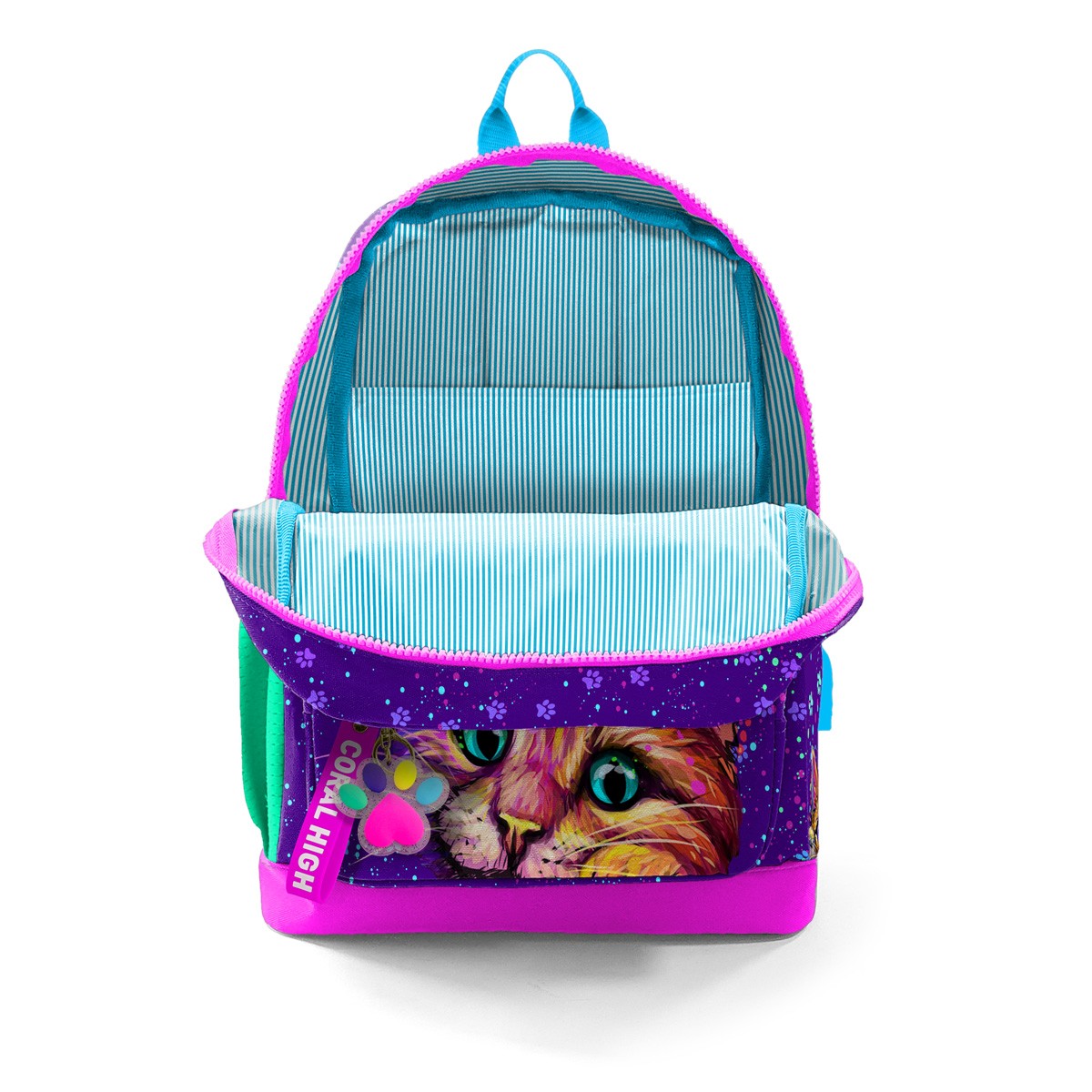 Coral High Kids Mor Pembe Kedi Desenli Dört Bölmeli USB'li Okul Sırt Çantası 23832