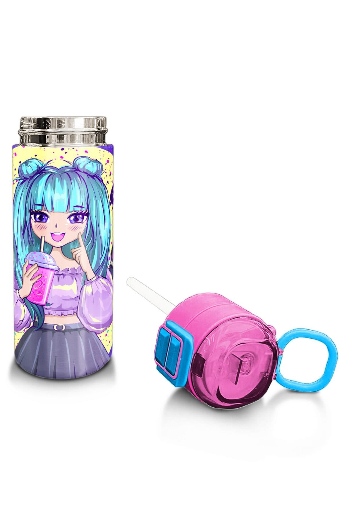 Coral High Kids Mor Pembe Anime Kız Desenli Pipetli ve Direkt İçim Çelik Termos 500 ml 31942