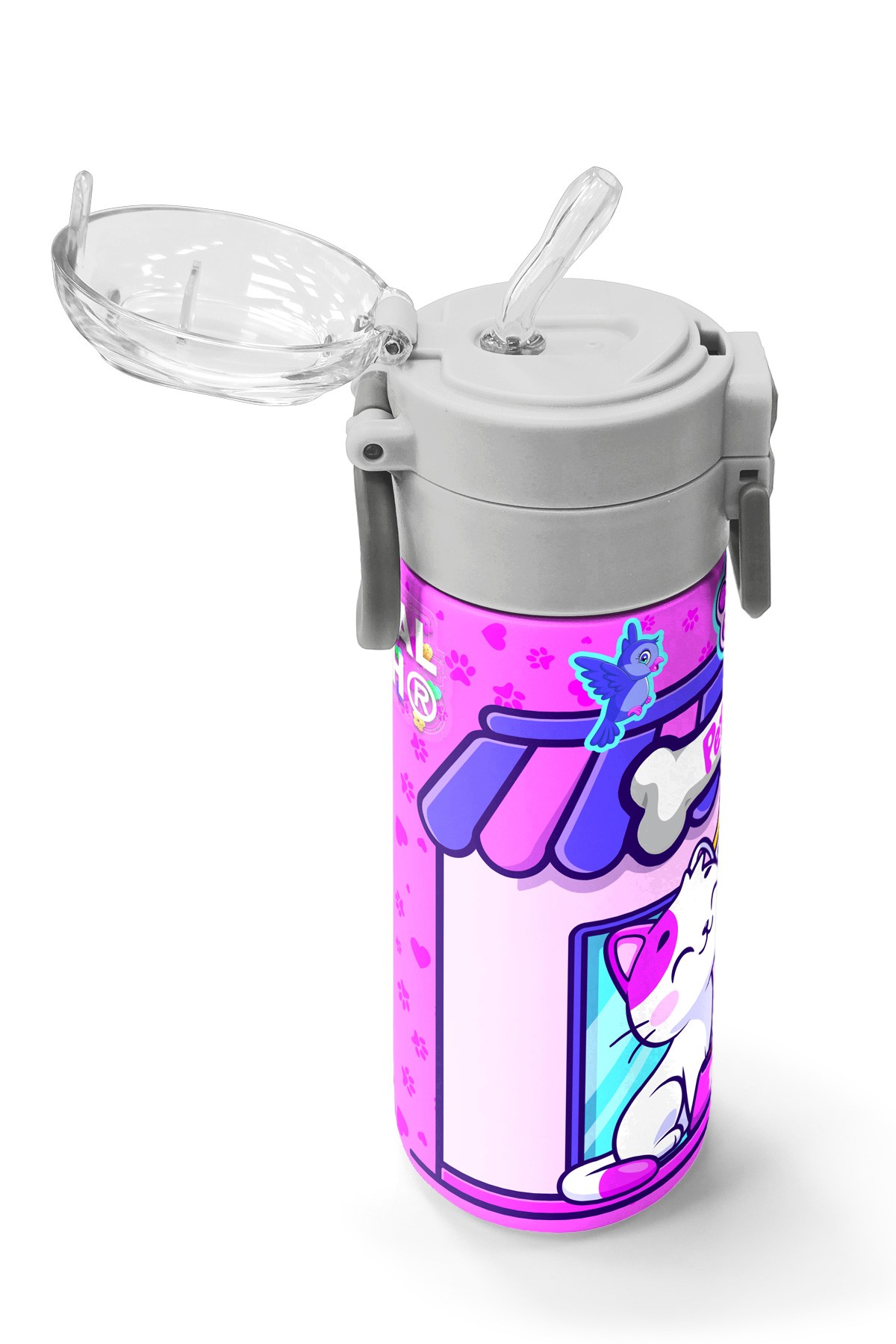 Coral High Kids Kedi Köpek Desenli Pipetli ve Direkt İçim Çelik Termos 500 ml 31810