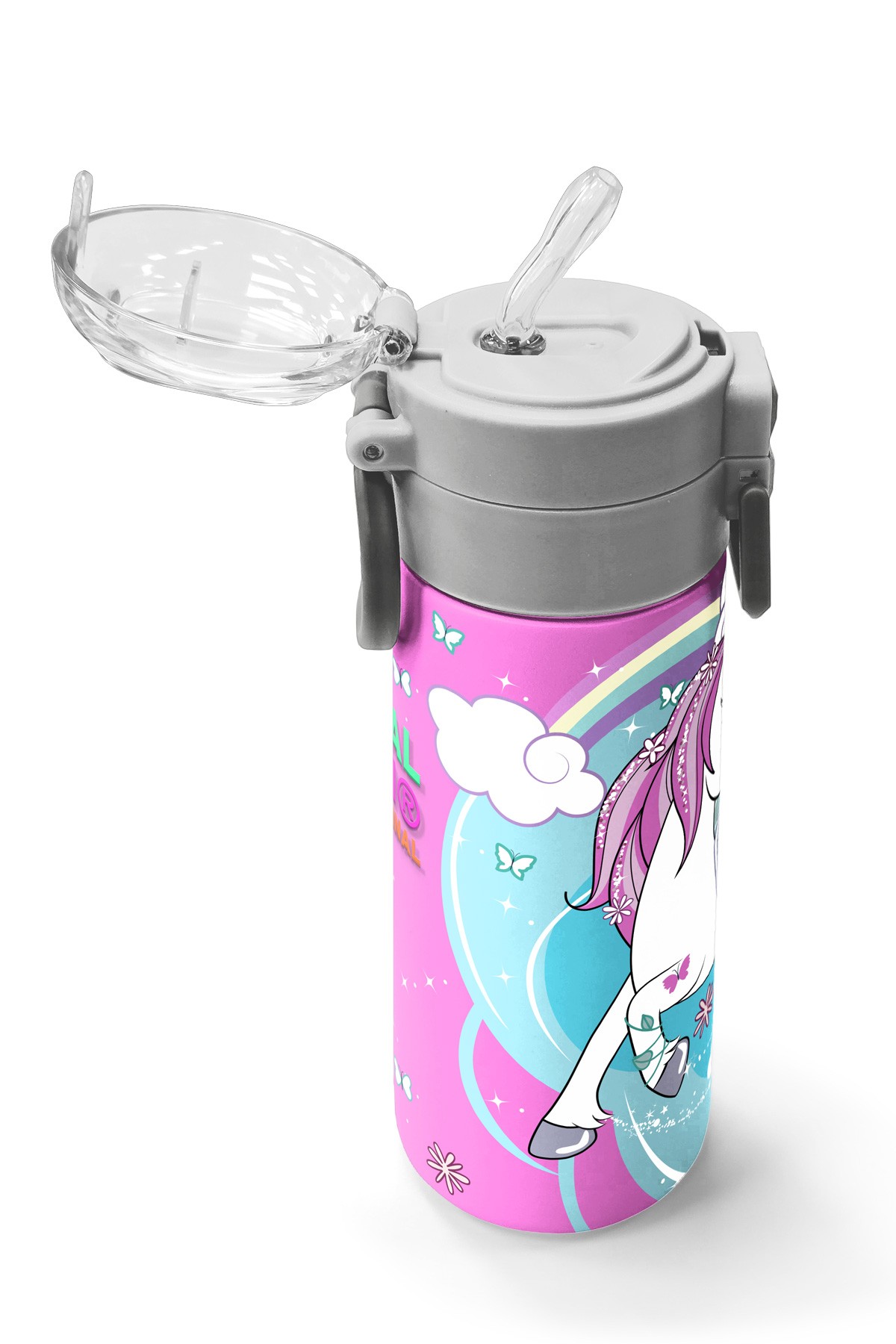 Coral High Kids Mavi Neon Pembe Unicorn Desenli Pipetli ve Direkt İçim Çelik Termos 500 ml 31925