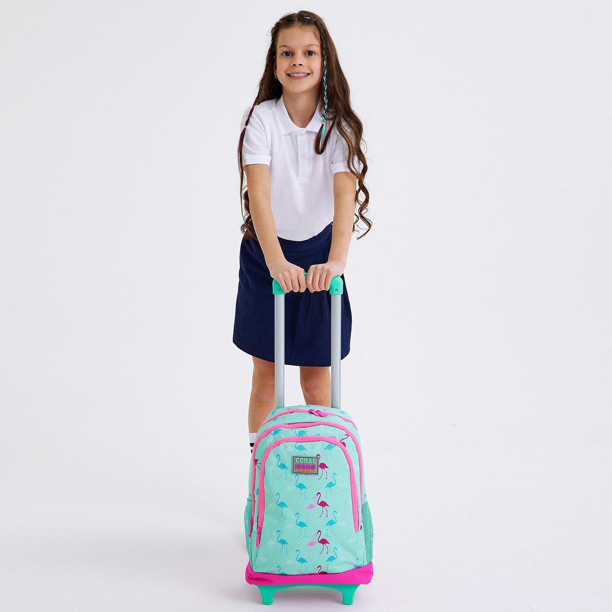 Coral High Kids Su Yeşili Neon Pembe Flamingo Desenli  Çekçekli 3'lü Çanta Seti SET0123131