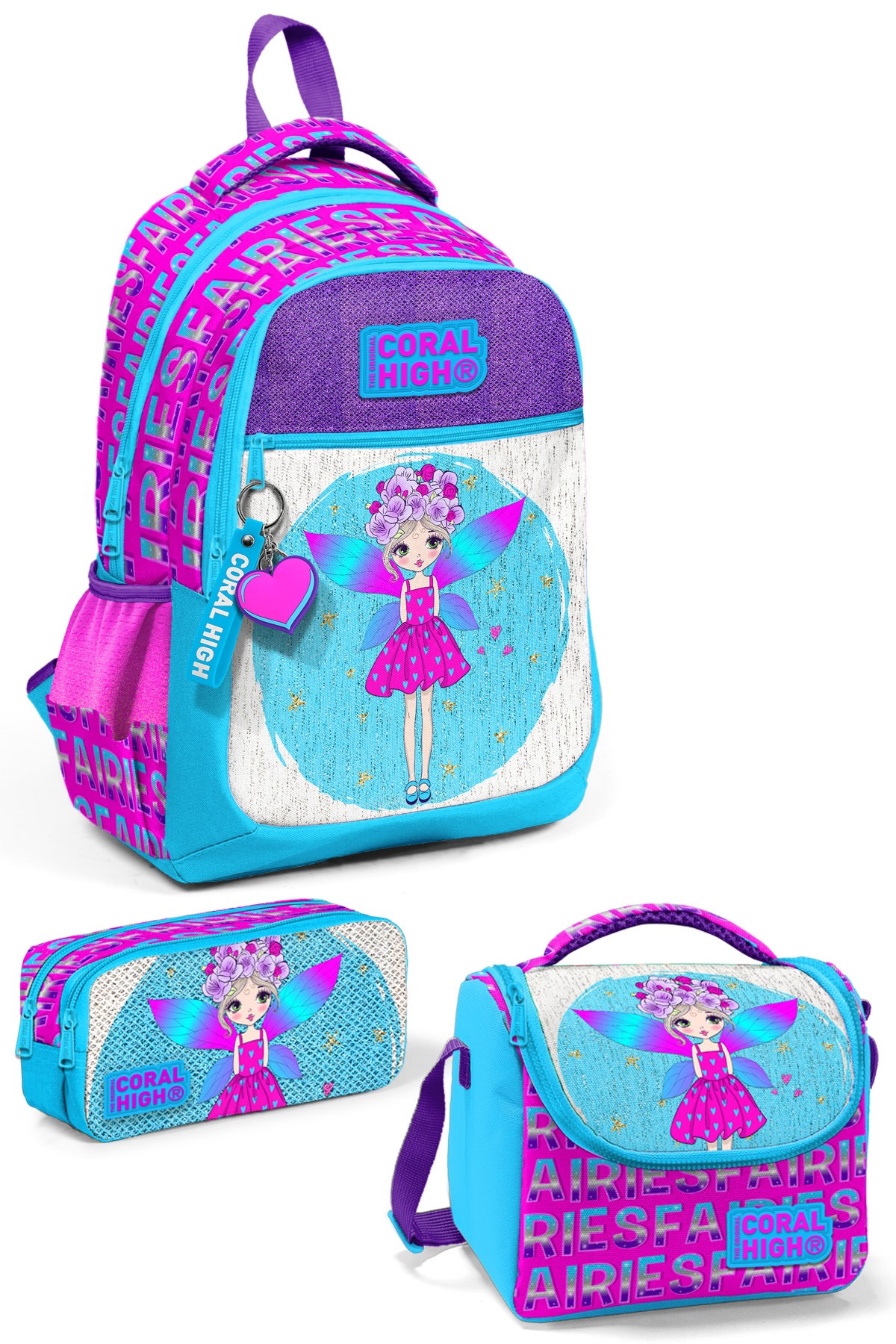 Coral High Kids Pembe Mavi Peri Desenli 3’lü Okul Çanta Seti SET0123484