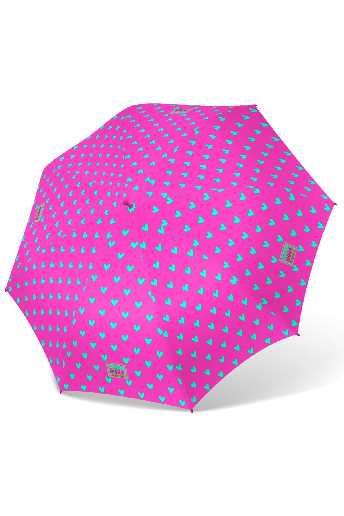 Coral High Kids Neon Pembe Su Yeşili Kalp Desenli Çocuk Şemsiyesi 12660