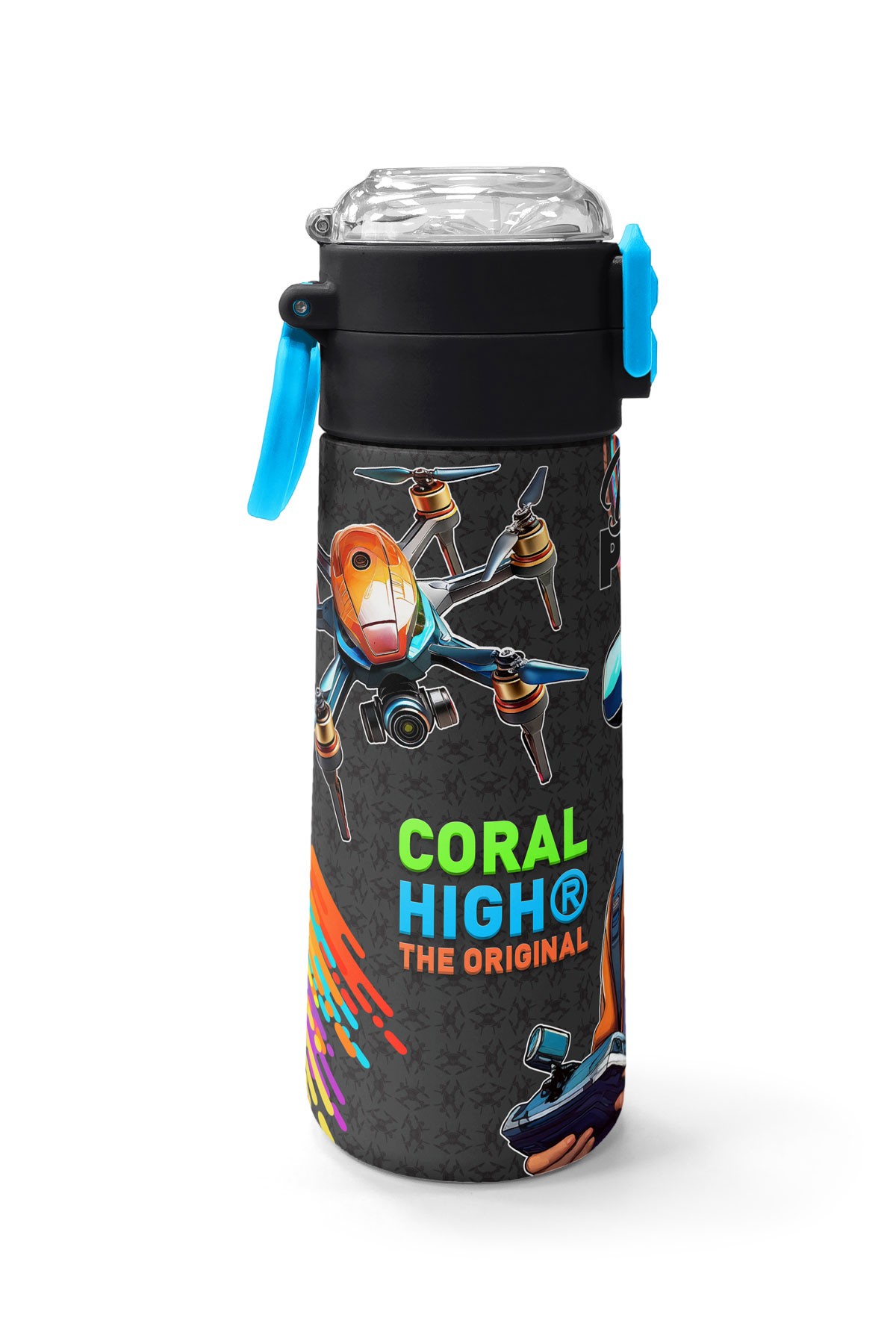 Coral High Kids Siyah Drone Pilot Desenli Pipetli ve Direkt İçim Çelik Termos 500 ml 31996