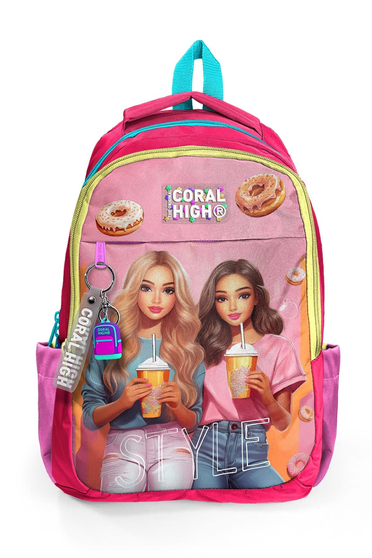Coral High Kids Pembe Neon Mercan Fashion Girl Desenli Üç Bölmeli Okul Sırt Çantası 23669