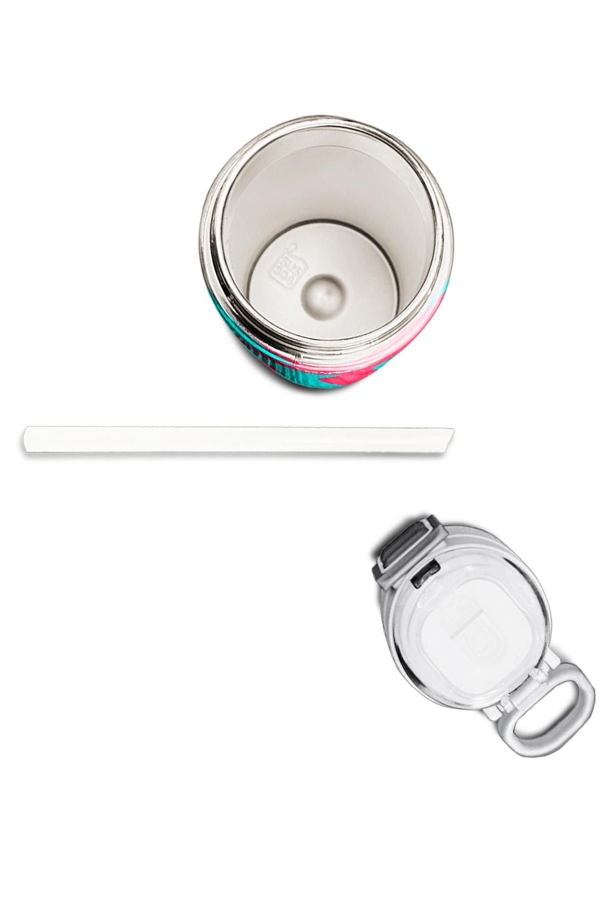 Coral High Kids Neon Mercan Turkuaz Desenli Pipetli ve Direkt İçim Çelik Termos 500 ml 31885