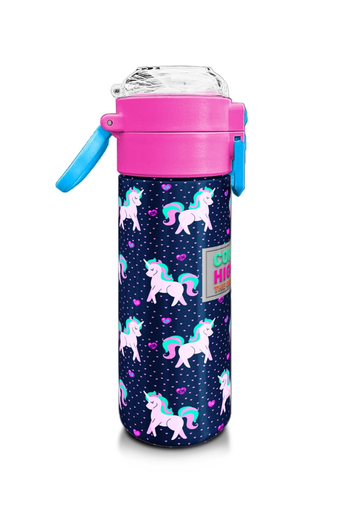 Coral High Kids Lacivert Pembe Unicorn Desenli Pipetli ve Direkt İçim Çelik Termos 500 ml 31915
