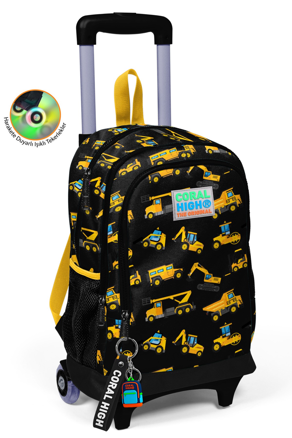 Coral High Kids Siyah Sarı İş Makinesi Desenli Üç Bölmeli Çekçekli Okul Sırt Çantası 23384
