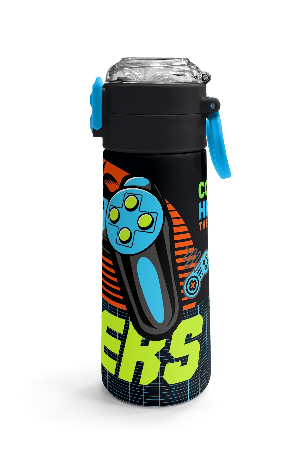 Coral High Kids Gri Turuncu Gamer Desenli Pipetli ve Direkt İçim Çelik Termos 500 ml 31947