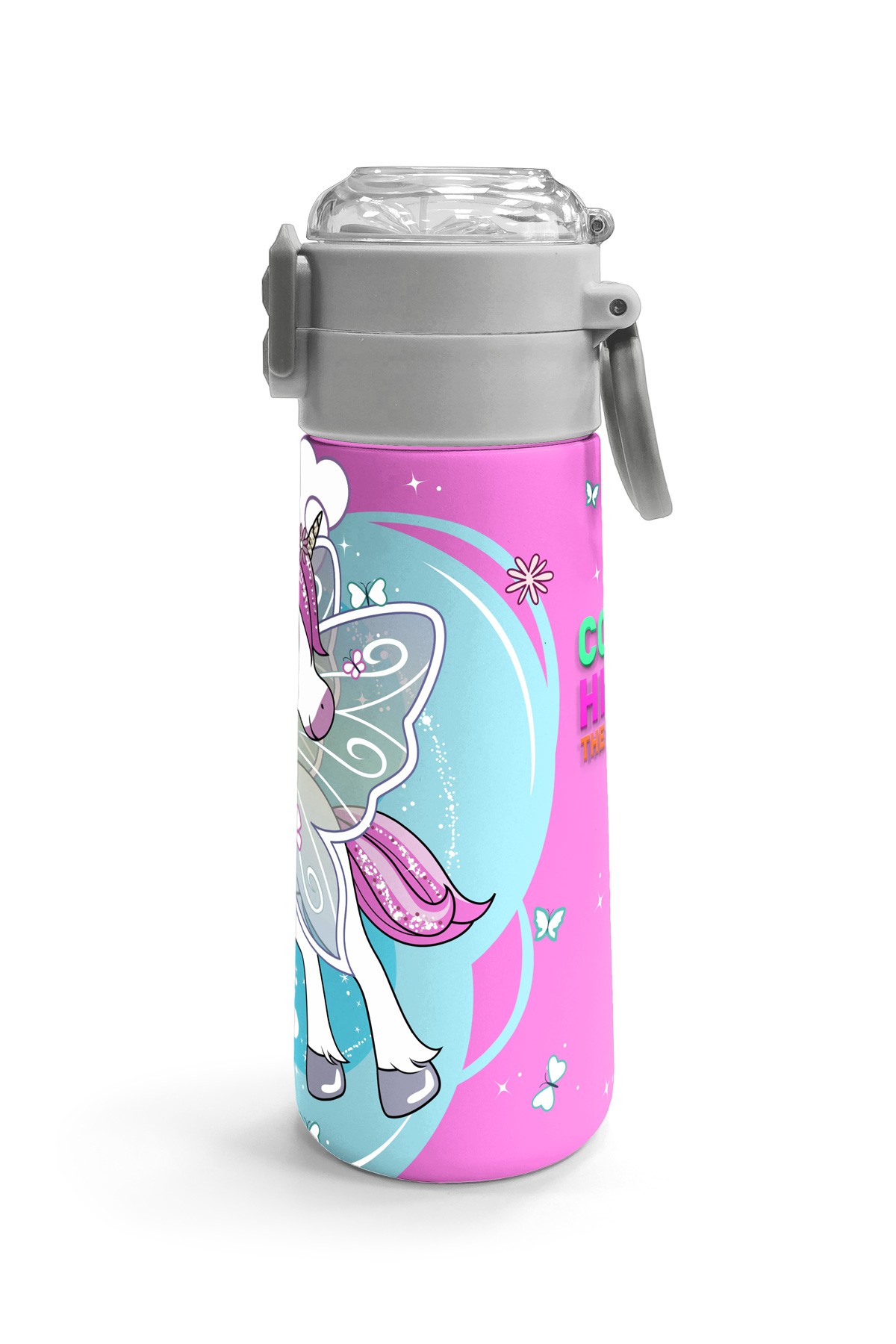Coral High Kids Mavi Neon Pembe Unicorn Desenli Pipetli ve Direkt İçim Çelik Termos 500 ml 31925