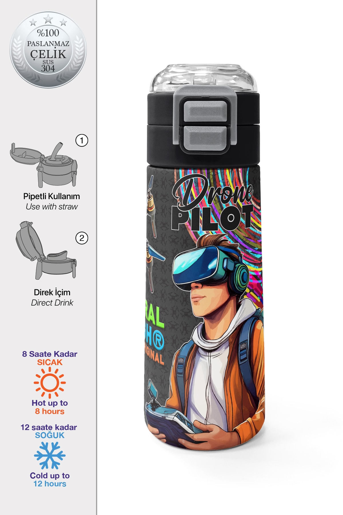 Coral High Kids Siyah Drone Pilot Desenli Pipetli ve Direkt İçim Çelik Termos 500 ml 31996