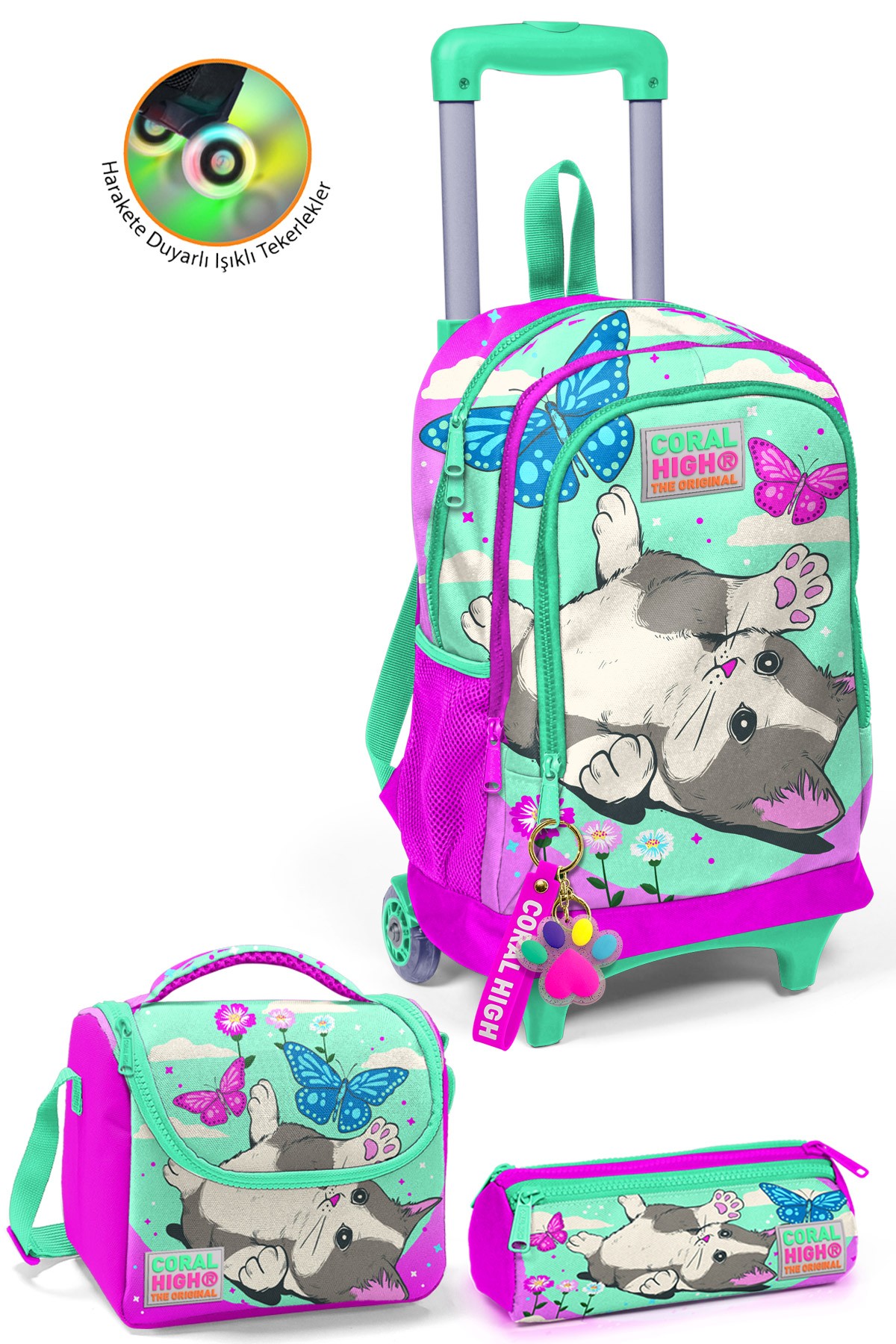 Coral High Kids Su Yeşili Pembe Kedi Desenli Çekçekli 3'lü Çanta Seti SET0123907