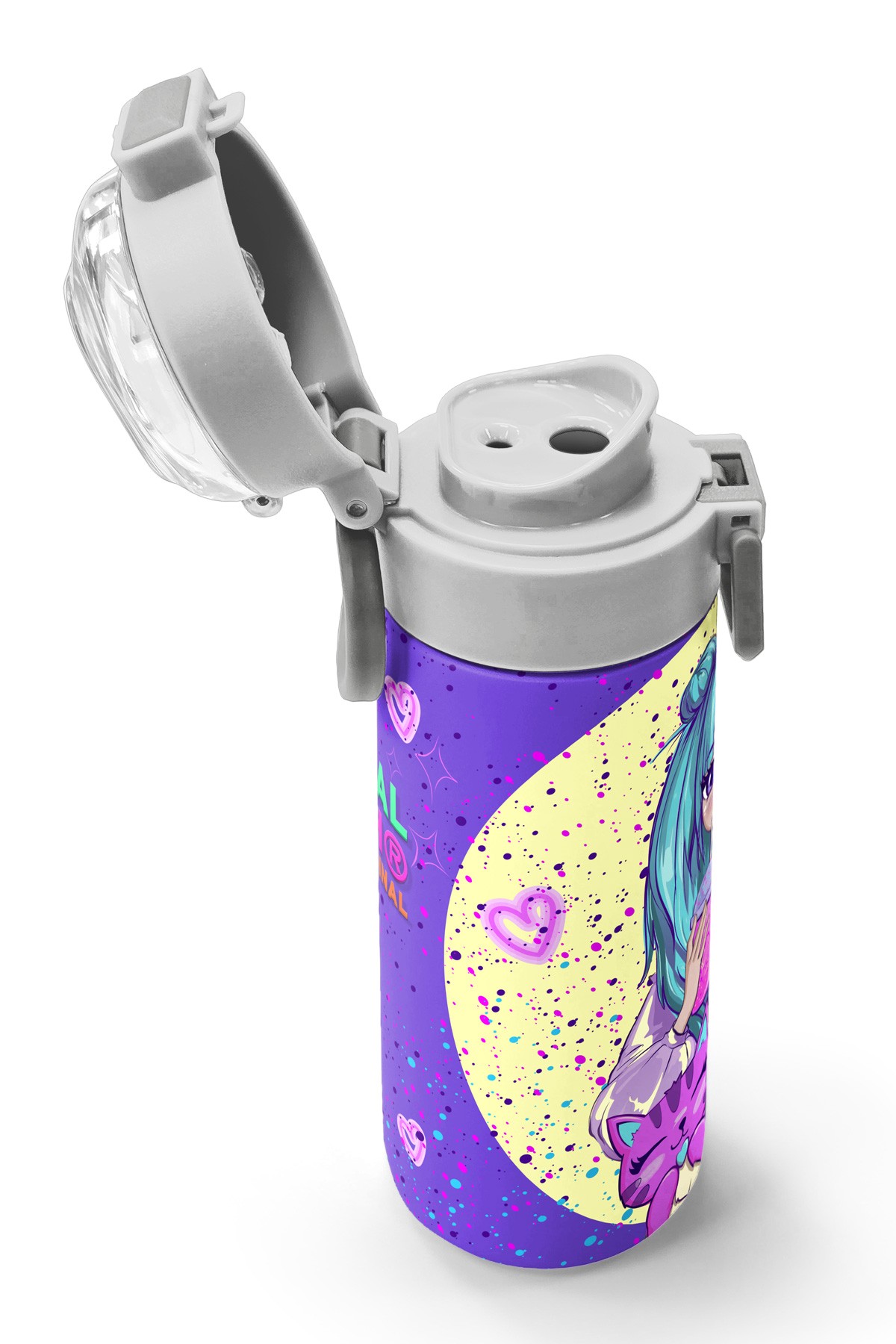 Coral High Kids Mor Pembe Anime Kız Desenli Pipetli ve Direkt İçim Çelik Termos 500 ml 31942