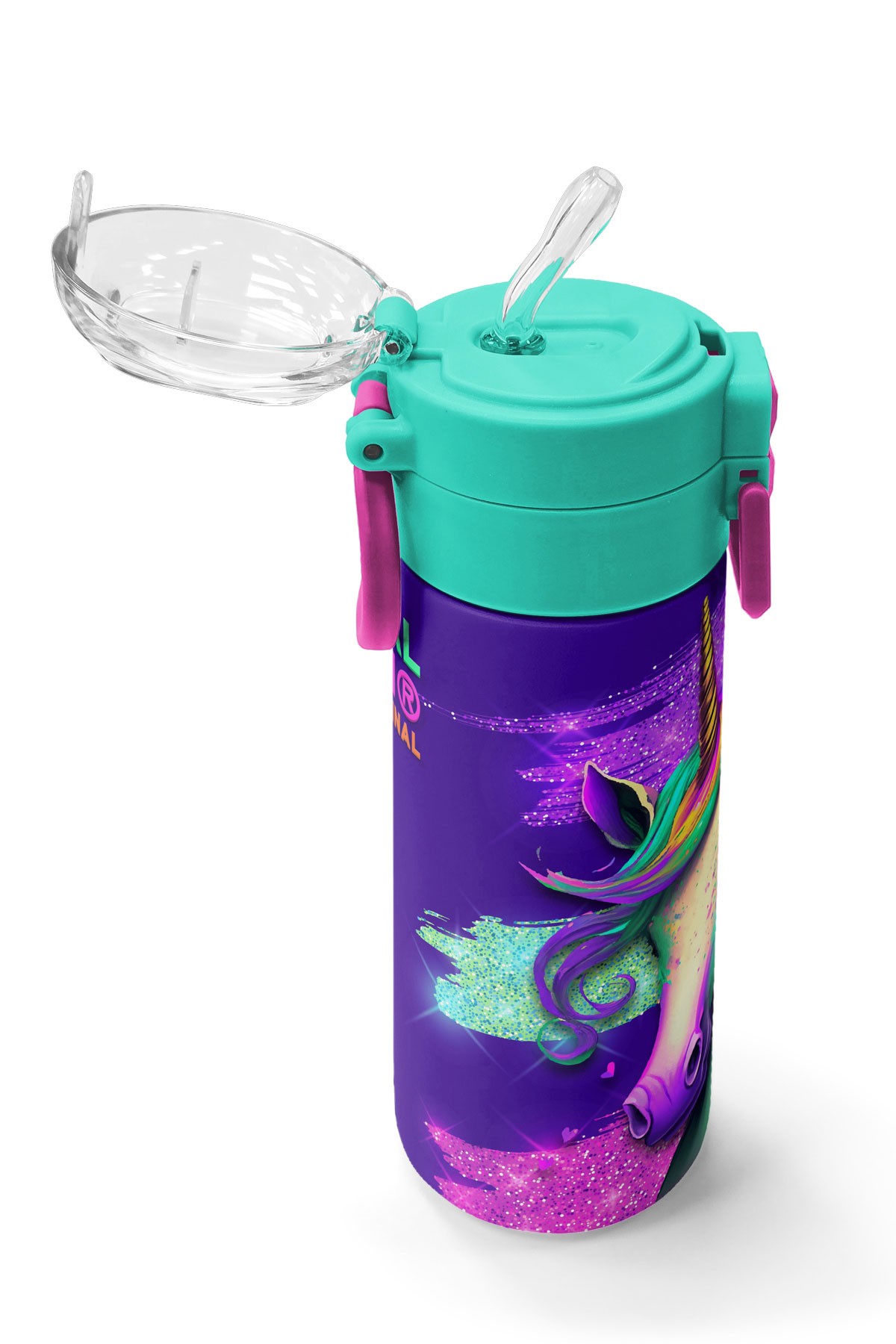 Coral High Kids Pembe Su Yeşili Unicorn Desenli Pipetli ve Direkt İçim Çelik Termos 500 ml 31959