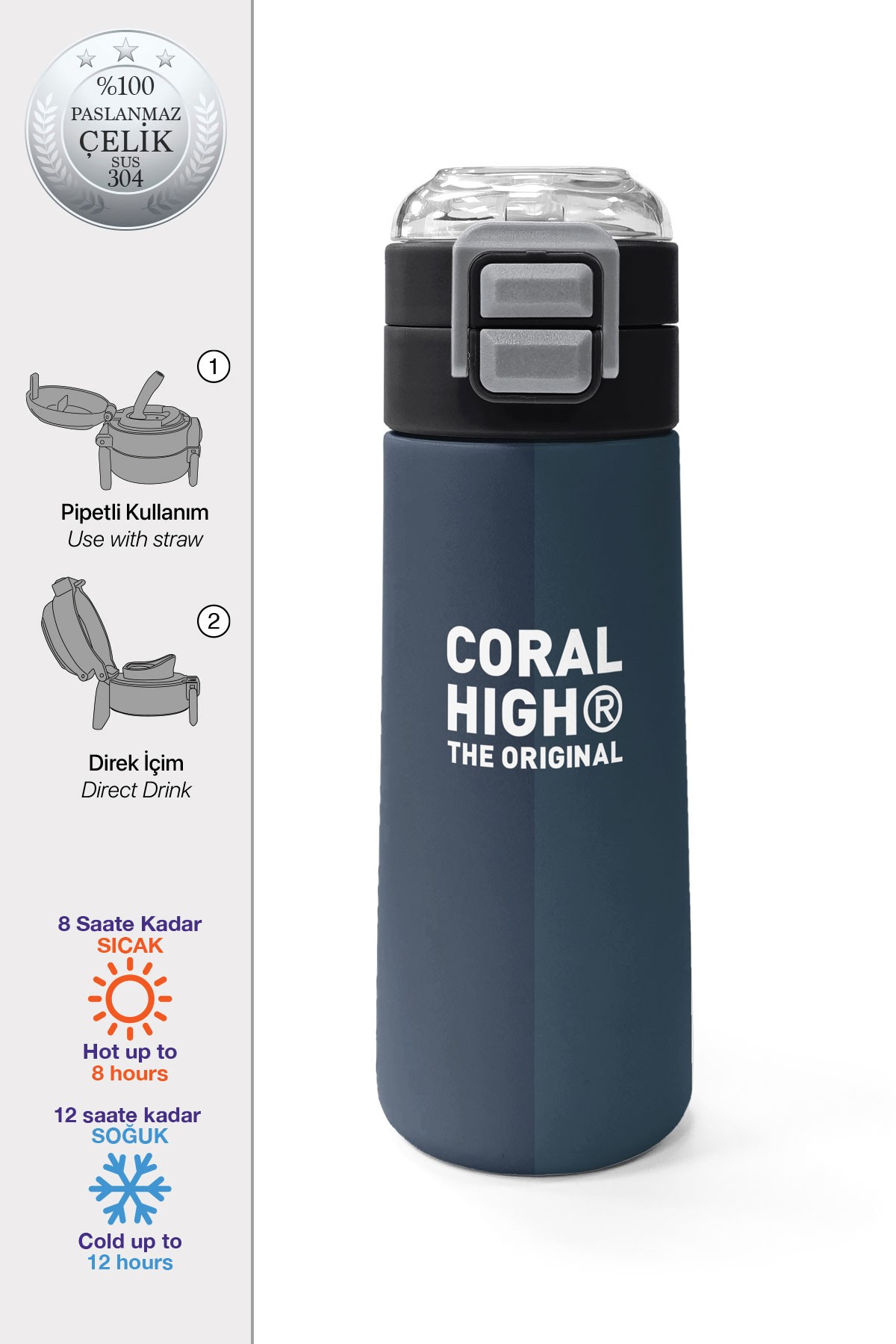 Coral High Kids Lacivert Turuncu Çizgili Pipetli ve Direkt İçim Çelik Termos 500 ml 31998