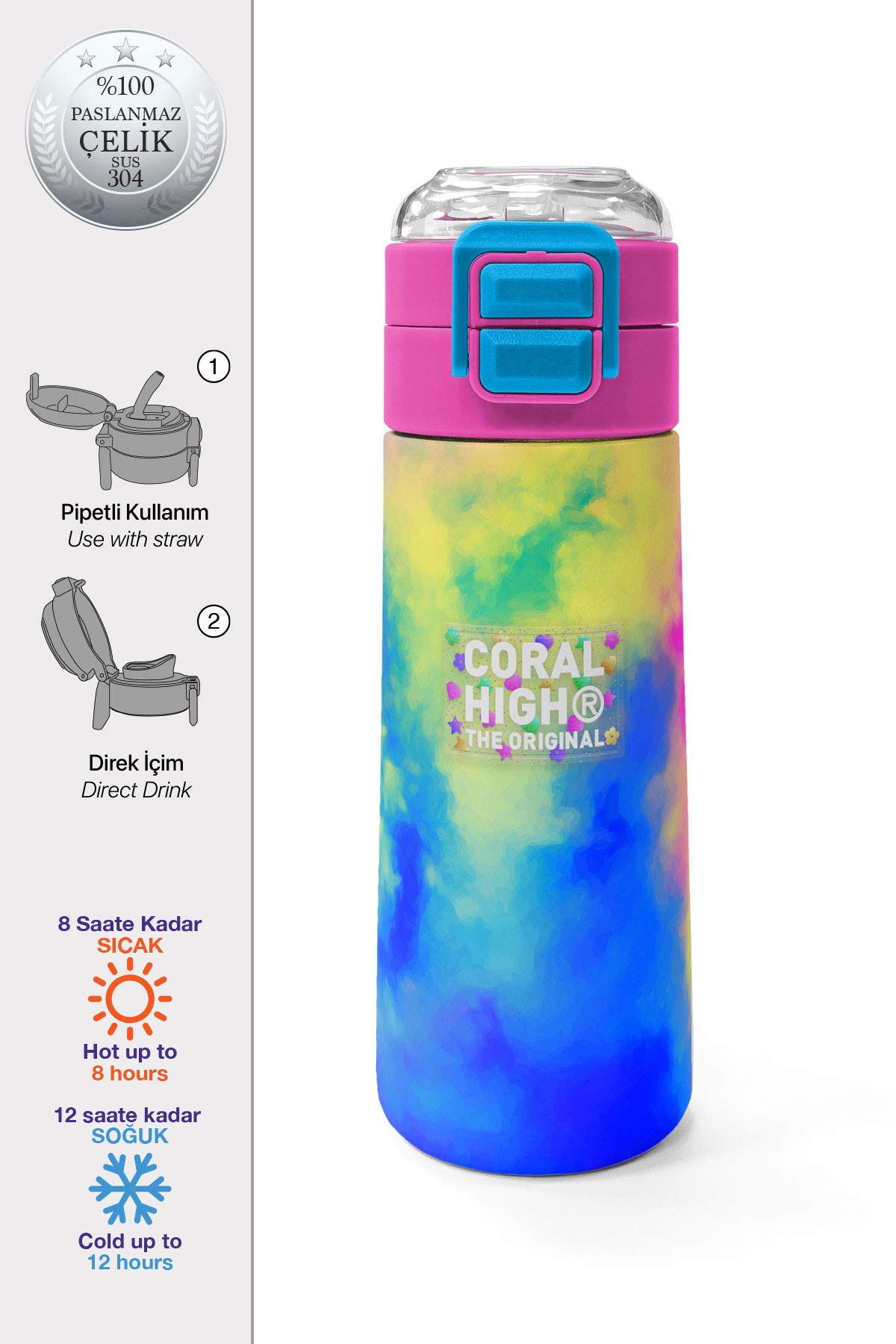 Coral High Kids Renkli Batik Desenli Pipetli ve Direkt İçim Çelik Termos 500 ml 31958