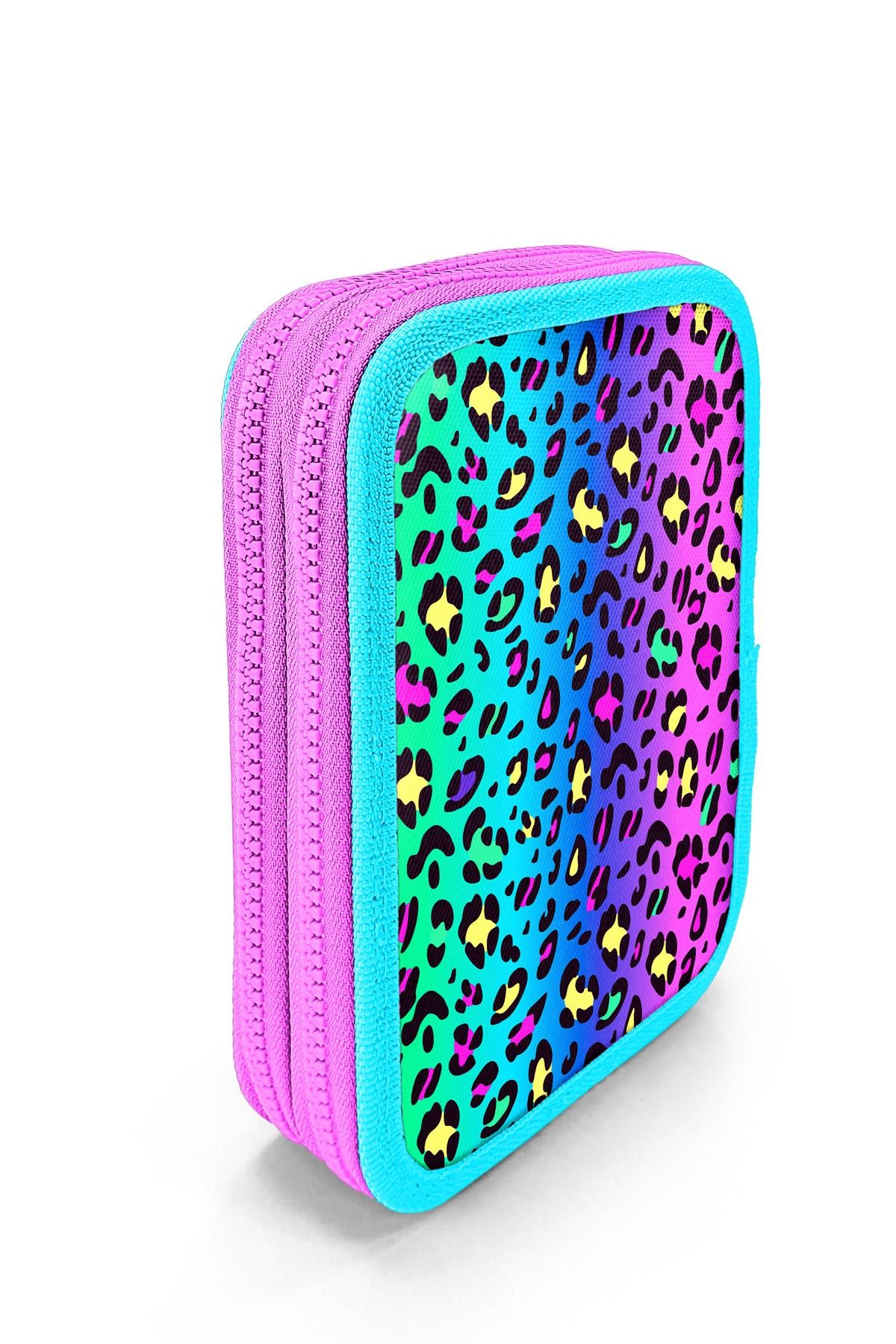 Coral High Kids Renkli Leopar Desenli Çift Katlı Kalem Çanta 11143