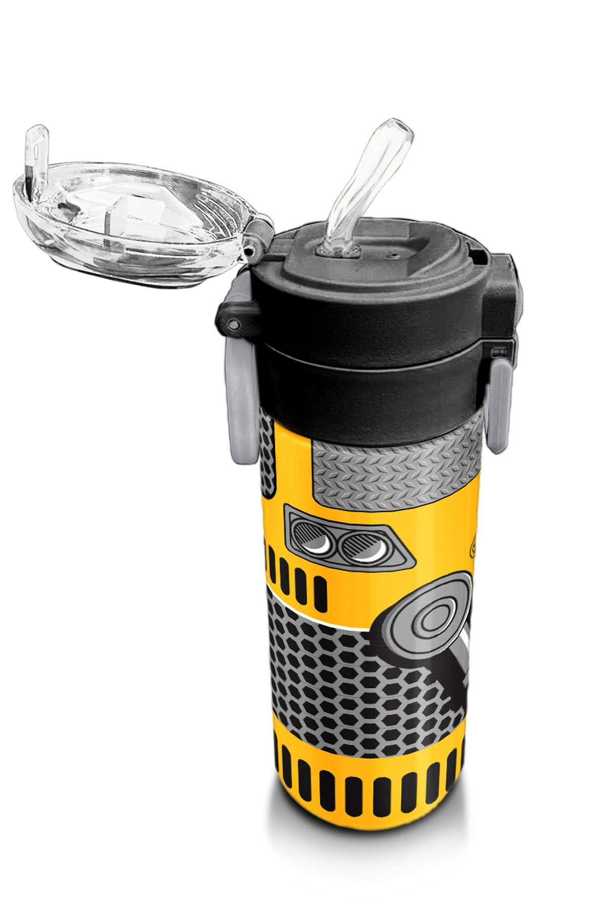 Coral High Kids Sarı Siyah Robot Desenli Pipetli ve Direkt İçim Çelik Termos 500 ml 31862