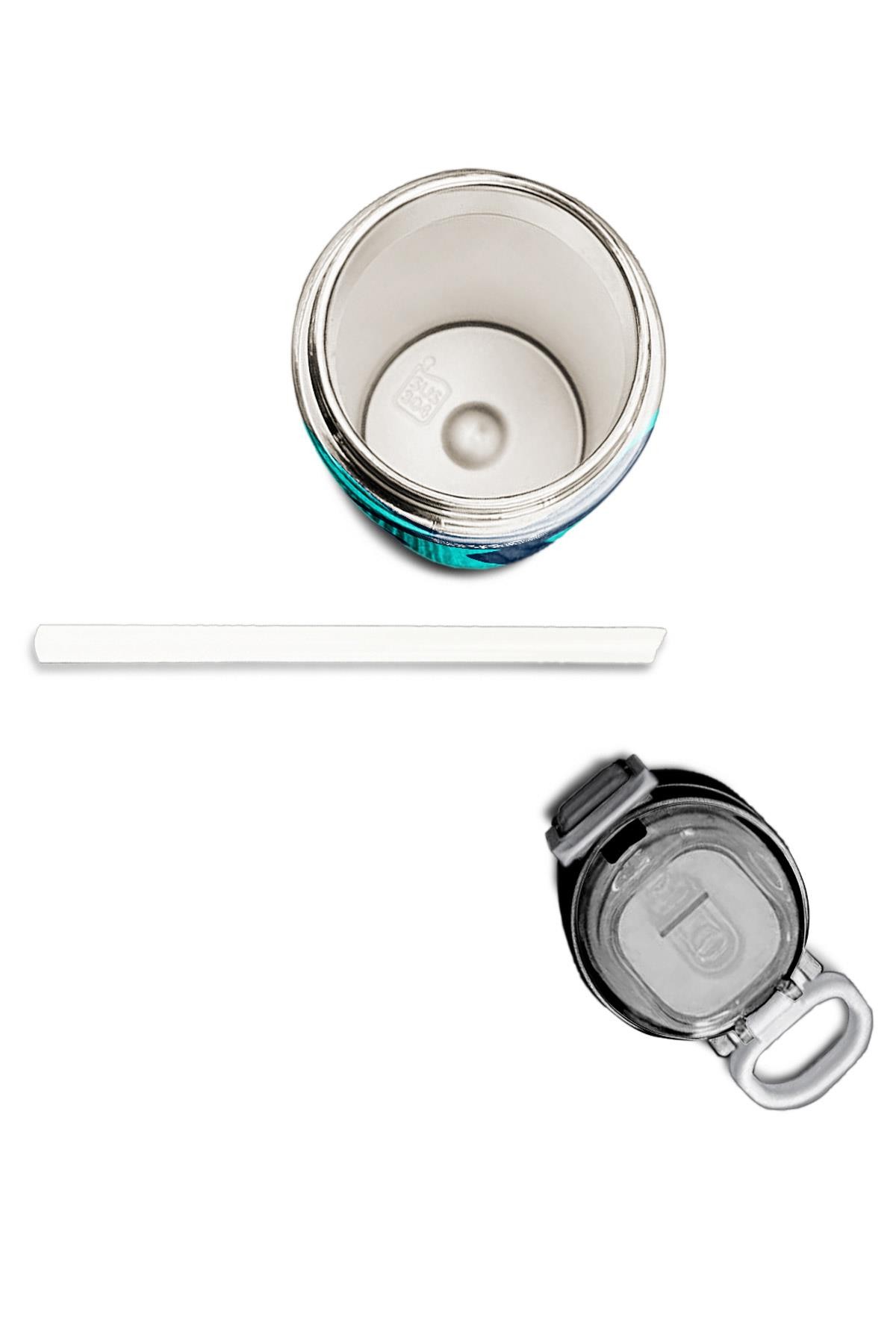 Coral High Kids Lacivert Turkuaz Desenli Pipetli ve Direkt İçim Çelik Termos 500 ml 31886