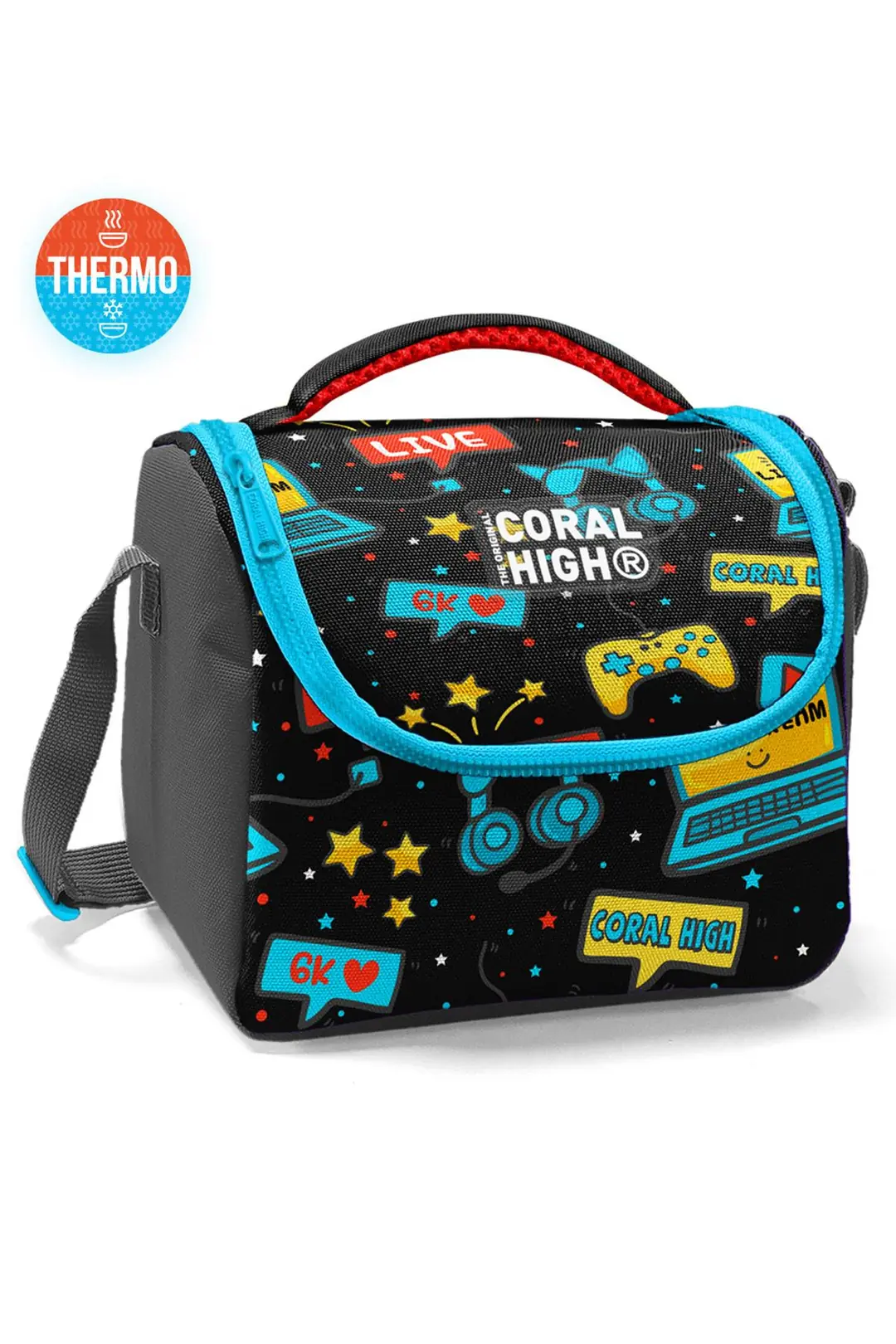 Coral High Kids Black Blue Gamer Patterned Thermo Lunchbox 11892