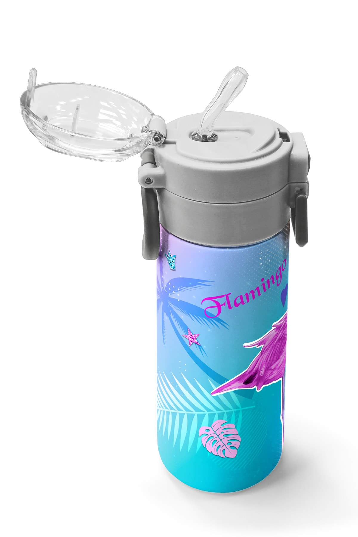 Coral High Kids Lavanta Pembe Flamingo Desenli Pipetli ve Direkt İçim Çelik Termos 500 ml 31921