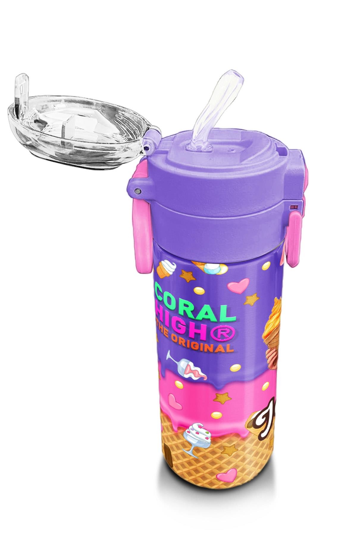 Coral High Kids Pembe Turkuaz K-Pop Desenli Pipetli ve Direkt İçim Çelik Termos 500 ml 31989