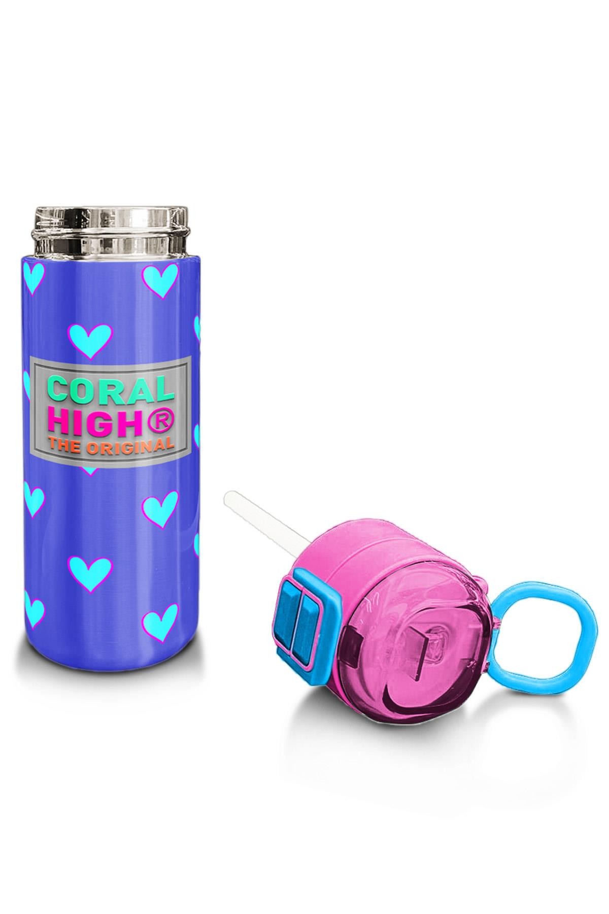 Coral High Kids Lavanta Pembe Kalp Desenli Pipetli ve Direkt İçim Çelik Termos 500 ml 31922
