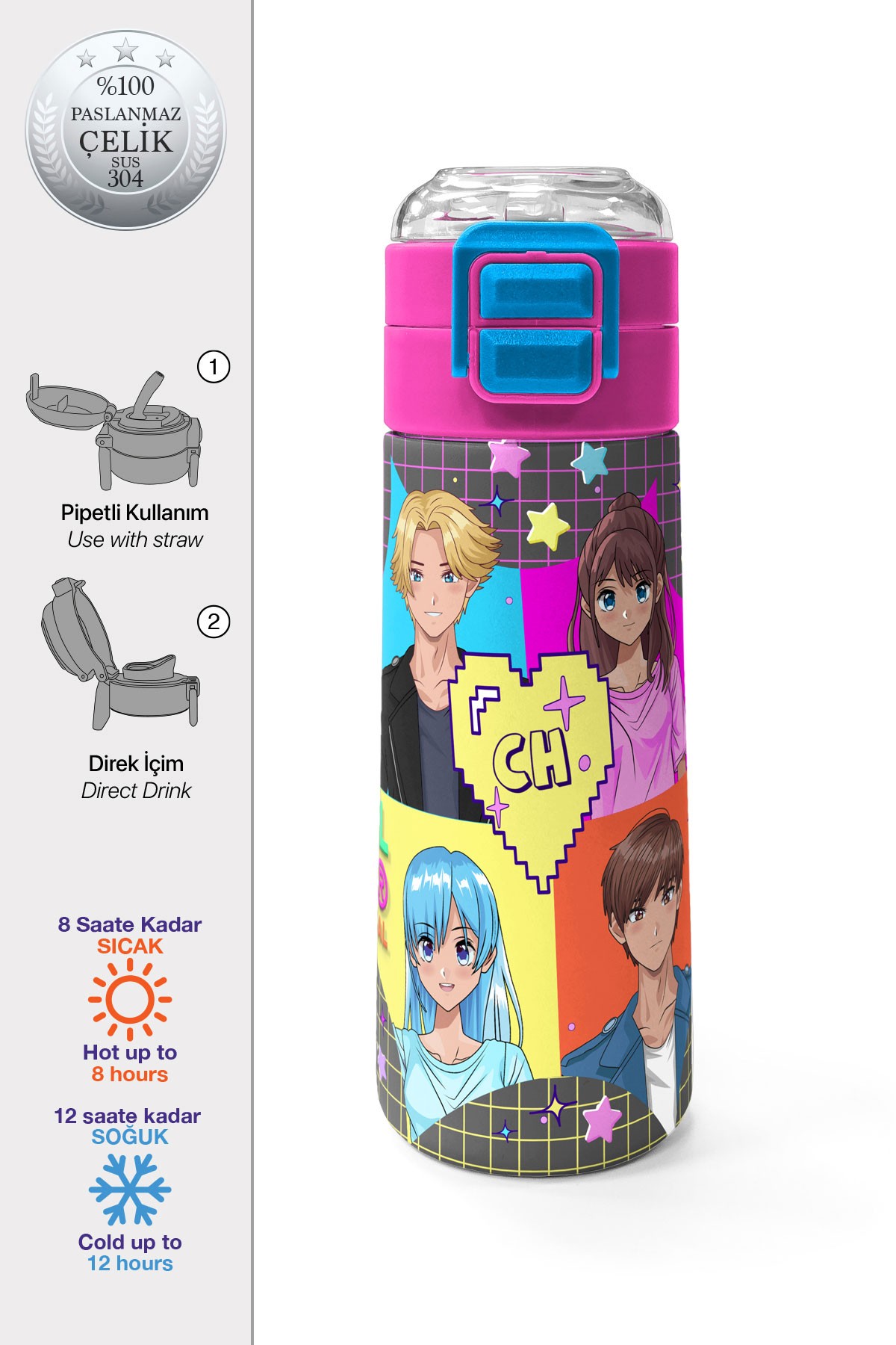 Coral High Kids Gri Mavi Pembe Anime Desenli Pipetli ve Direkt İçim Çelik Termos 500 ml 31943