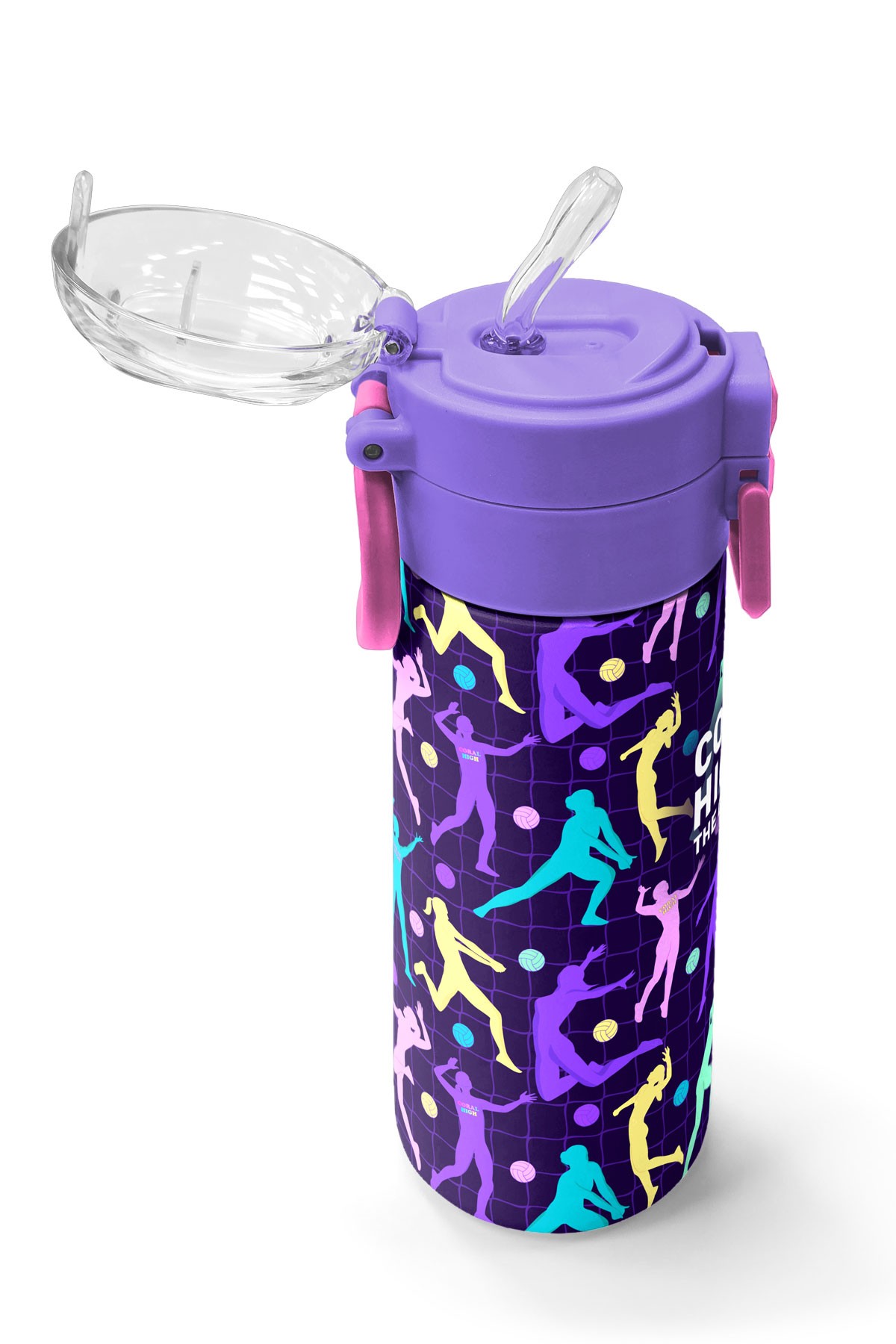 Coral High Kids Mor Voleybol Desenli Pipetli ve Direkt İçim Çelik Termos 500 ml 31849
