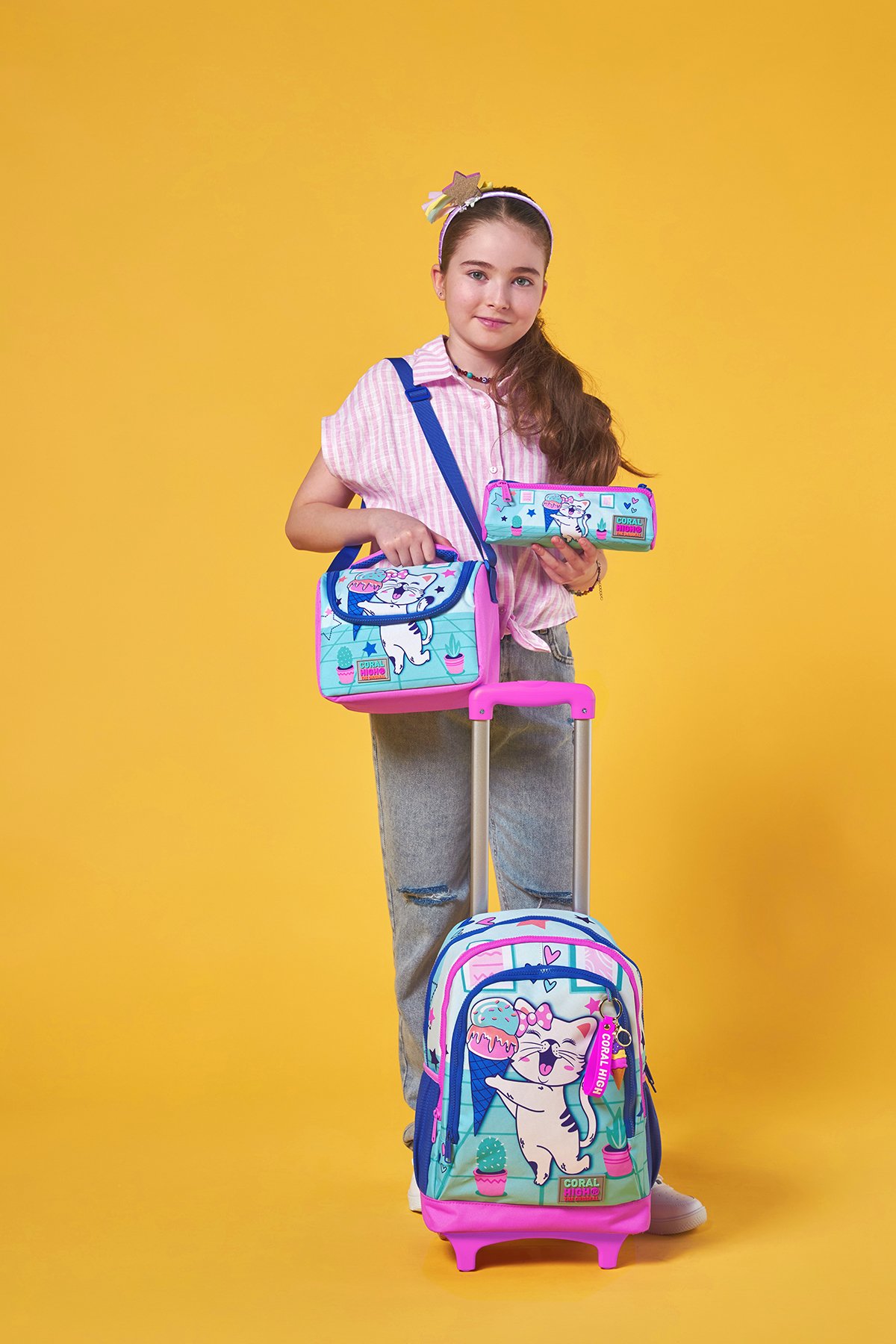 Coral High Kids Turkuaz Pembe Dondurmalı Kedi Desenli Üç Bölmeli Çekçekli 3'lü Çanta Seti SET0123951