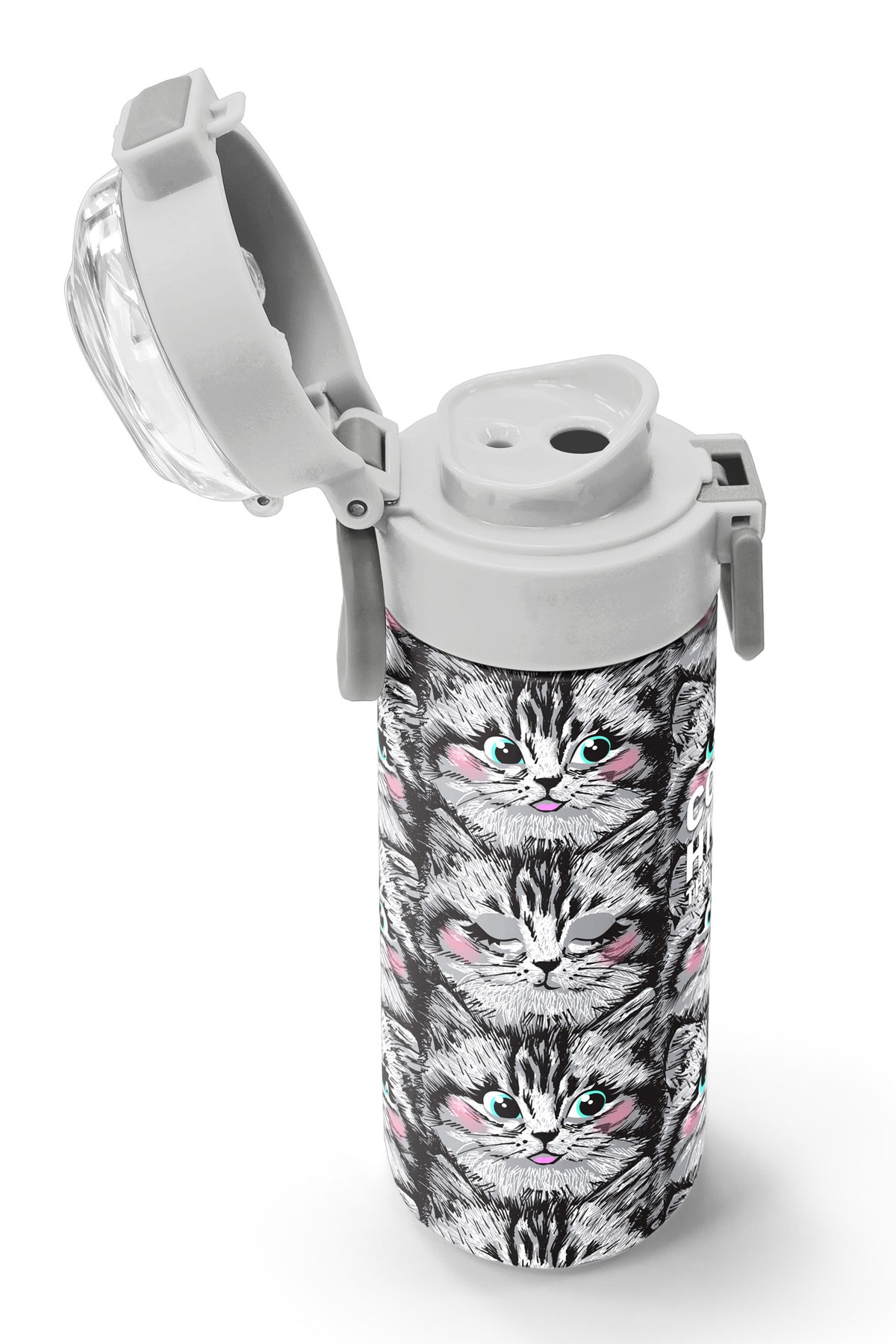 Coral High Kids Gri Kedi Desenli Pipetli ve Direkt İçim Çelik Termos 500 ml 31851